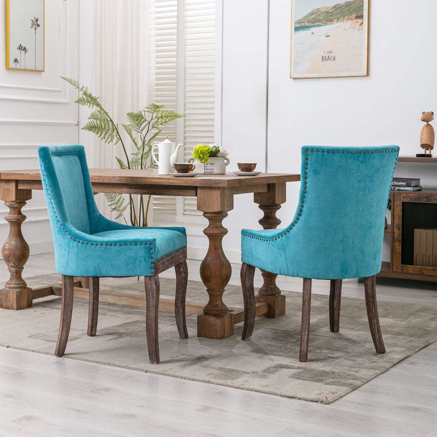 Ultra Side Dining Chair,Thickened fabric chairs with neutrally toned solid wood legs, Bronze nail head,Set of 2,Blue