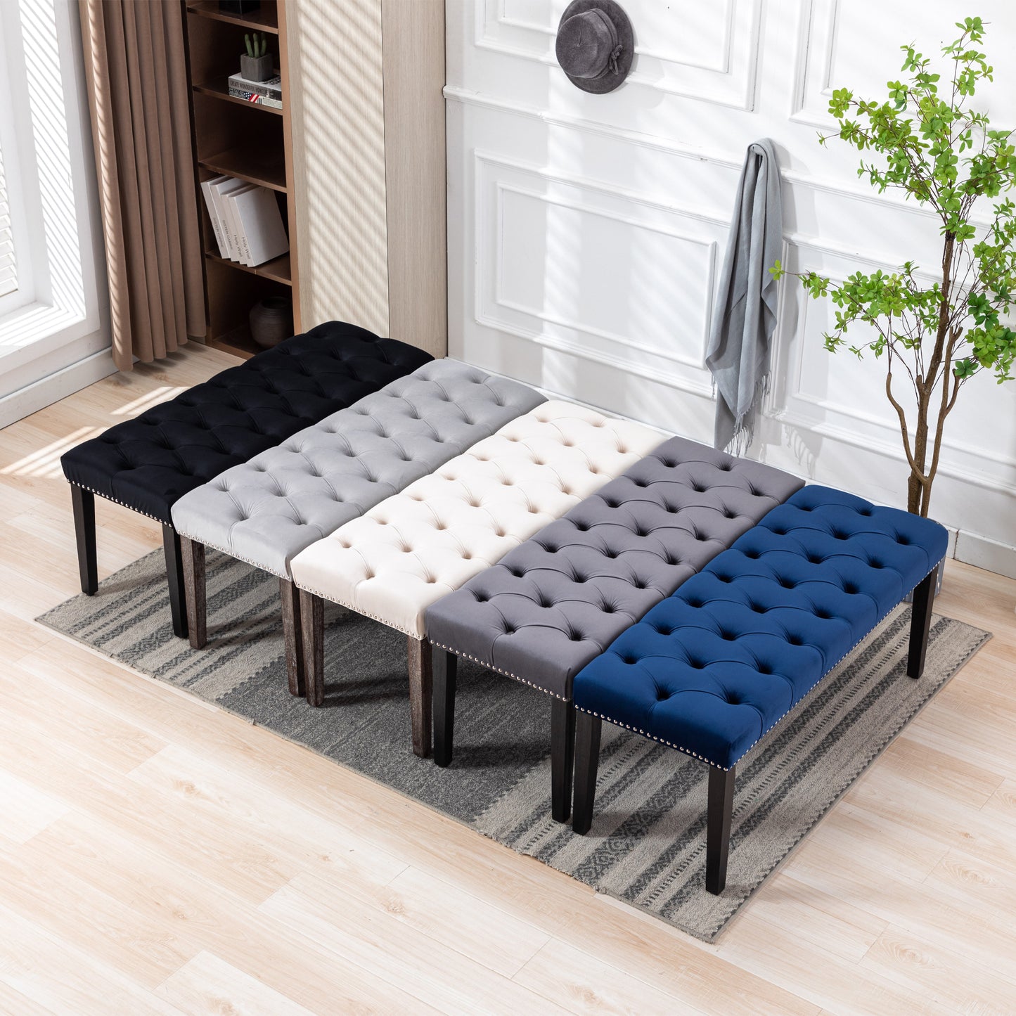 Heng Ming Upholstered Tufted Bench Ottoman , Velvet Dining Bench Bedroom Bench Footrest Stool Accent Bench for Entryway Dining Room Living Room, Blue
