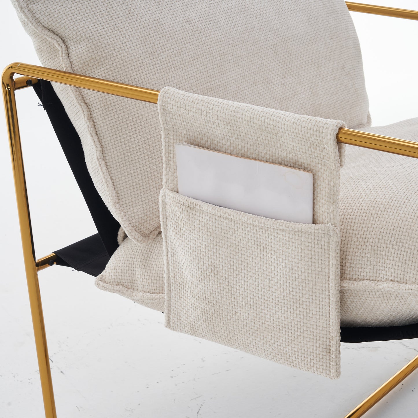 Beige Upholstered Hanging Armchair with Arm Pockets Metal Frame Gold-Plated Cushions for Living Room Bedroom
