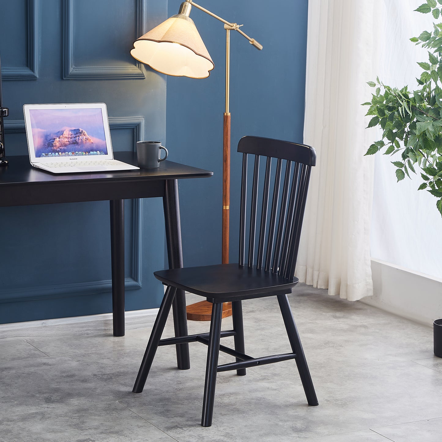 Black Rubber Wood Dining Chairs Set of 4 Simple Natural Solid Wood Living Room Seating