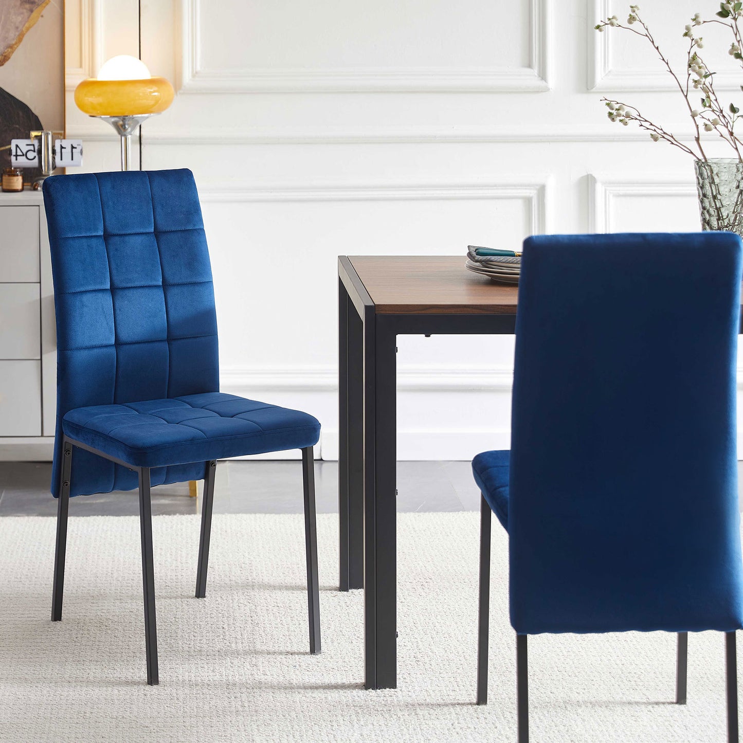 Dark Blue Velvet High Back Nordic Dining Chair Modern Fabric Chair with Black Legs, Set Of 4