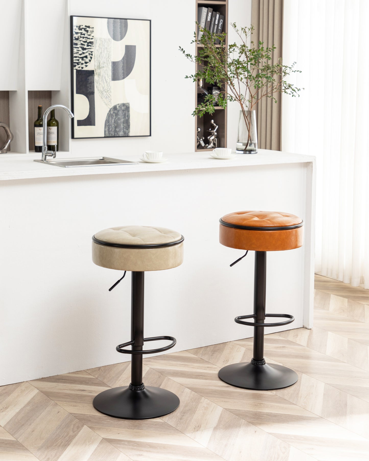 Khaki Faux Leather Adjustable Bar Stool Set of 2 360° Swivel Armless Counter Chairs with Metal Frame for Kitchen Dining Living Room