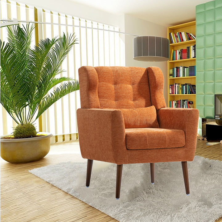 Orange Chenille Accent Chair for Living Room Soft Padded Armchair with Pillow Solid Wood Legs Ideal for Small Spaces