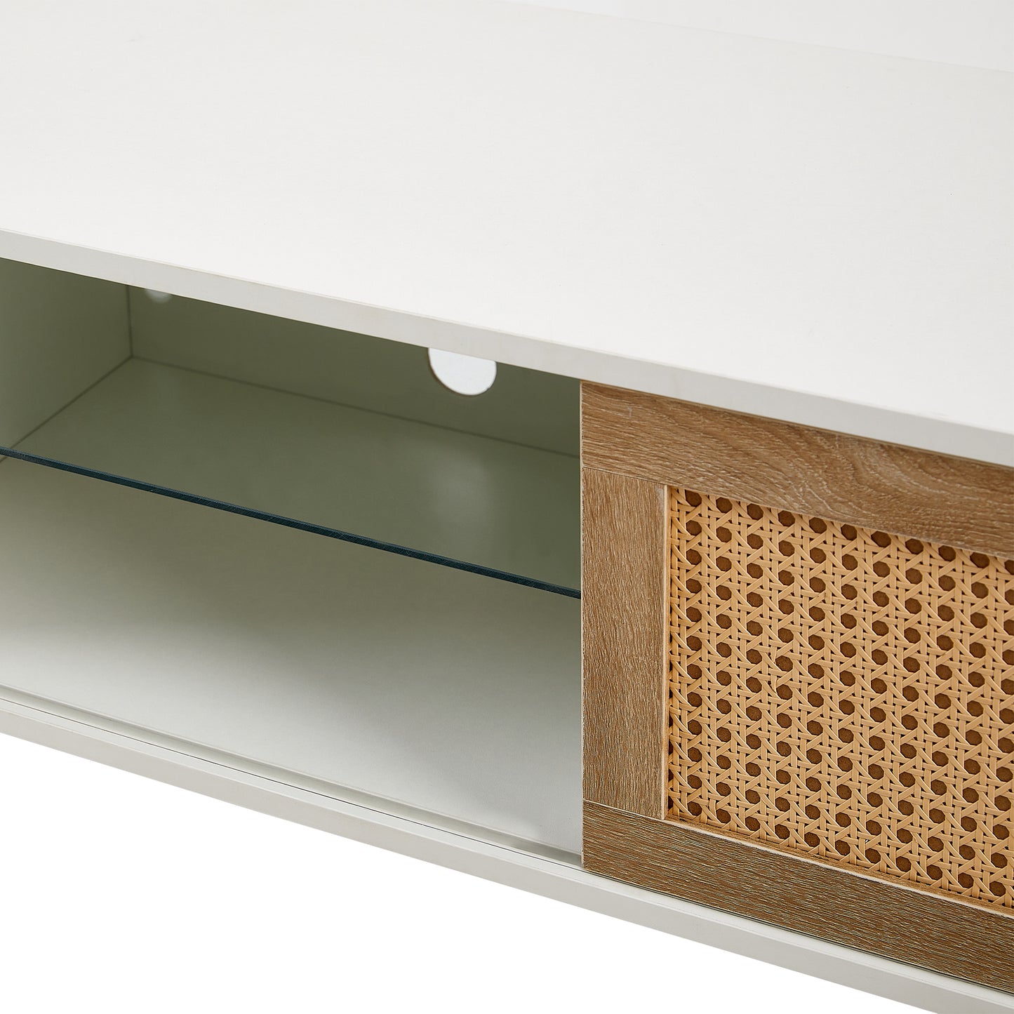 Rattan TV Cabinet with Color Changing Light Strip Double Sliding Doors Adjustable Shelf Metal Legs for Living Room White
