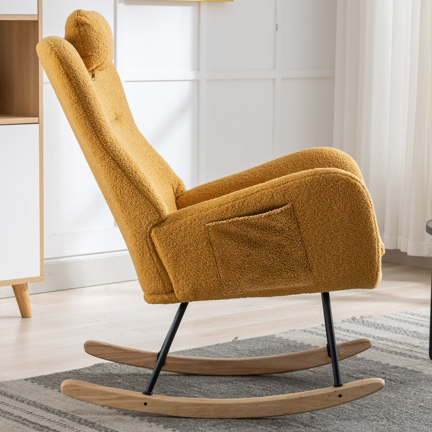 35.5 inch Rocking Chair with Pocket, Soft Teddy Fabric Rocking Chair for Nursery, Comfy Wingback Glider Rocker with Safe Solid Wood Base for Living Room Bedroom Balcony (TURMERIC)