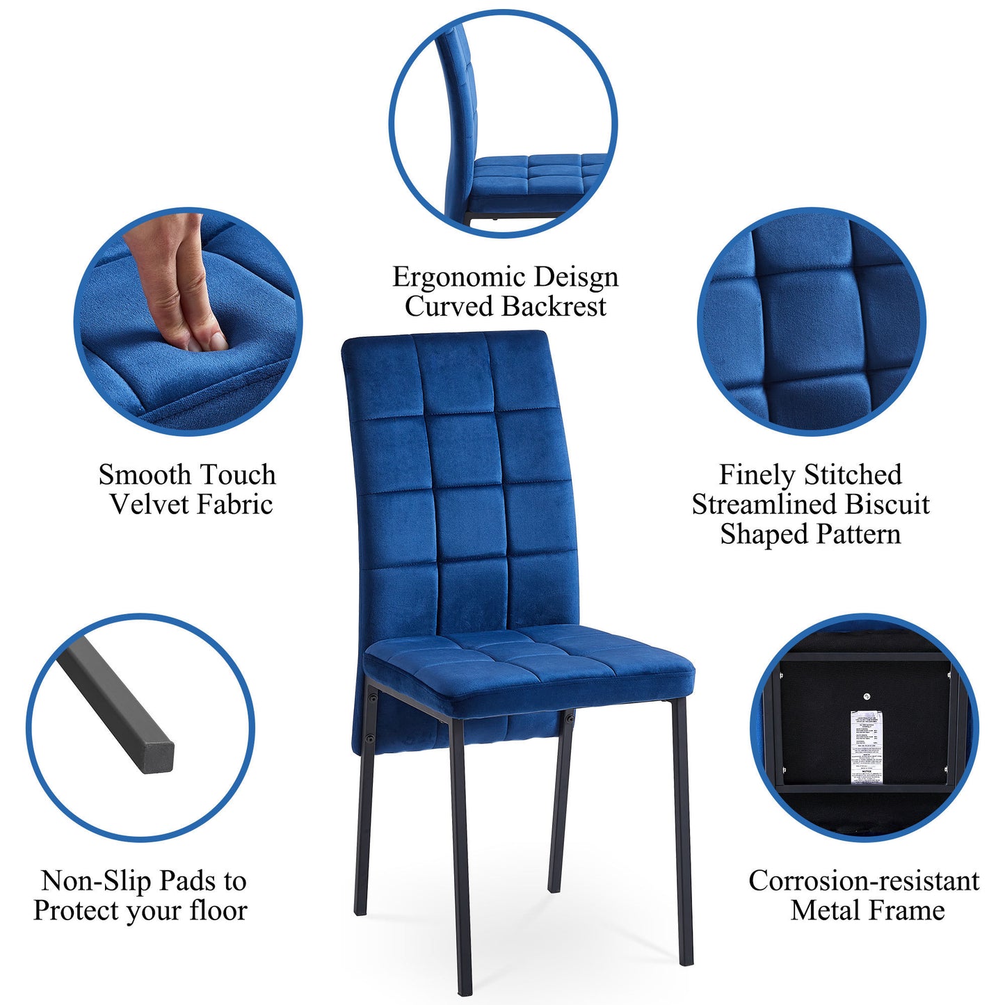 Dark Blue Velvet High Back Nordic Dining Chair Modern Fabric Chair with Black Legs, Set Of 4