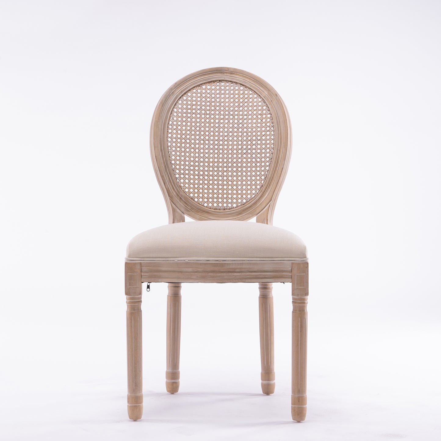 French Style Solid Wood Frame  Linen Fabric Rattan Back Dining Chair,Set of 2,Cream