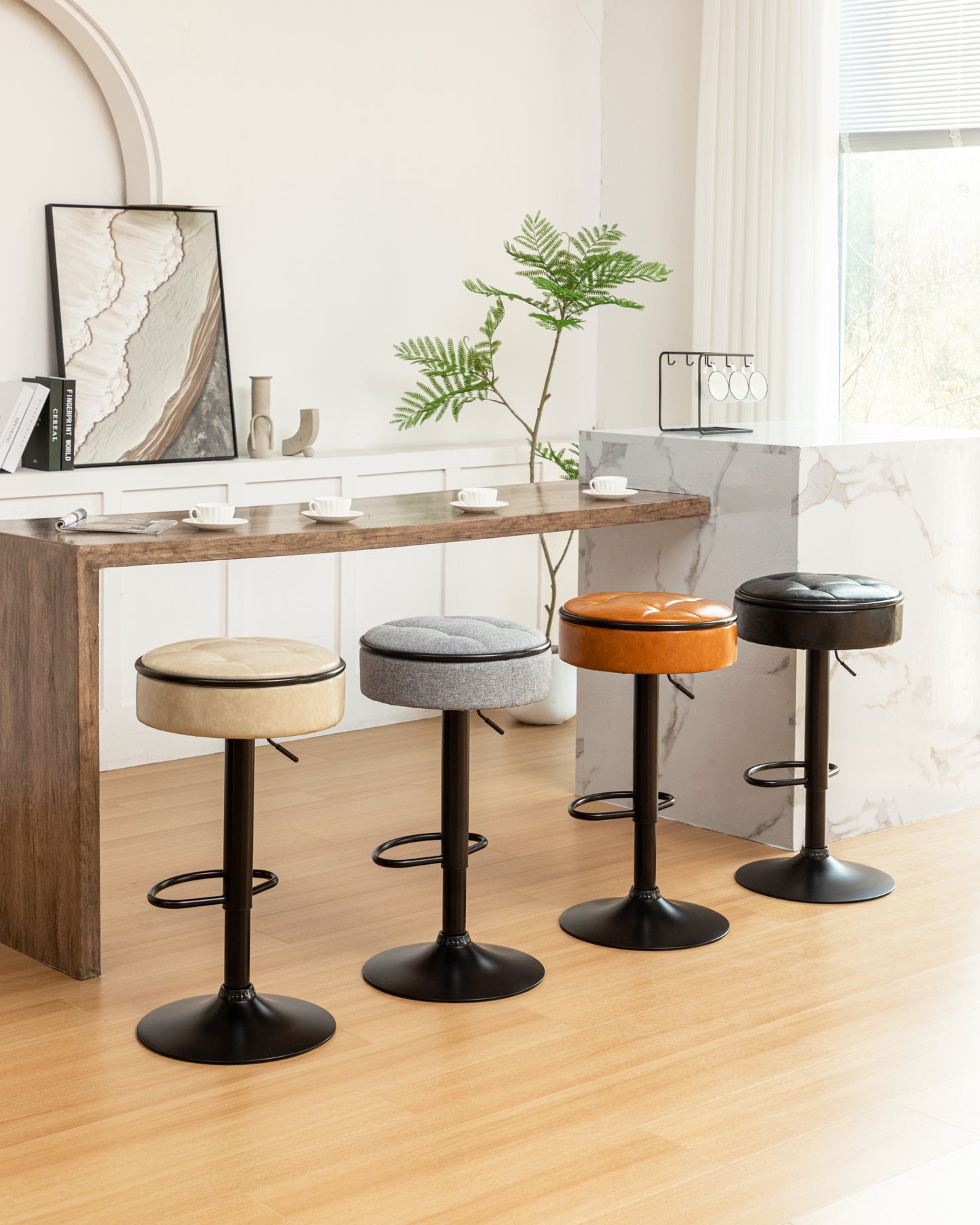 Khaki Faux Leather Adjustable Bar Stool Set of 2 360° Swivel Armless Counter Chairs with Metal Frame for Kitchen Dining Living Room