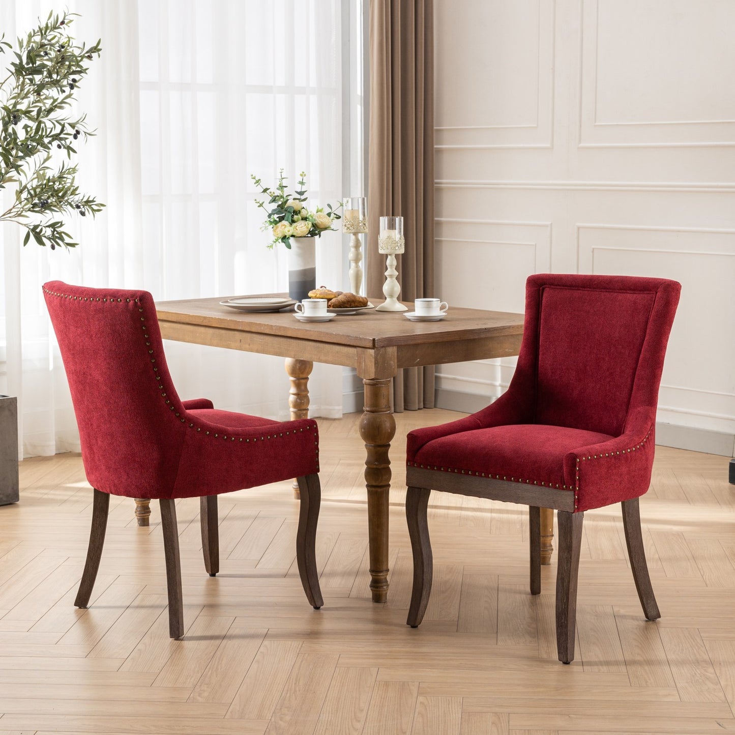 Ultra Side Dining Chair,Thickened fabric chairs with neutrally toned solid wood legs,Bronze nail head,Set of 2,Wine Red,Burgundy,SW1807WR