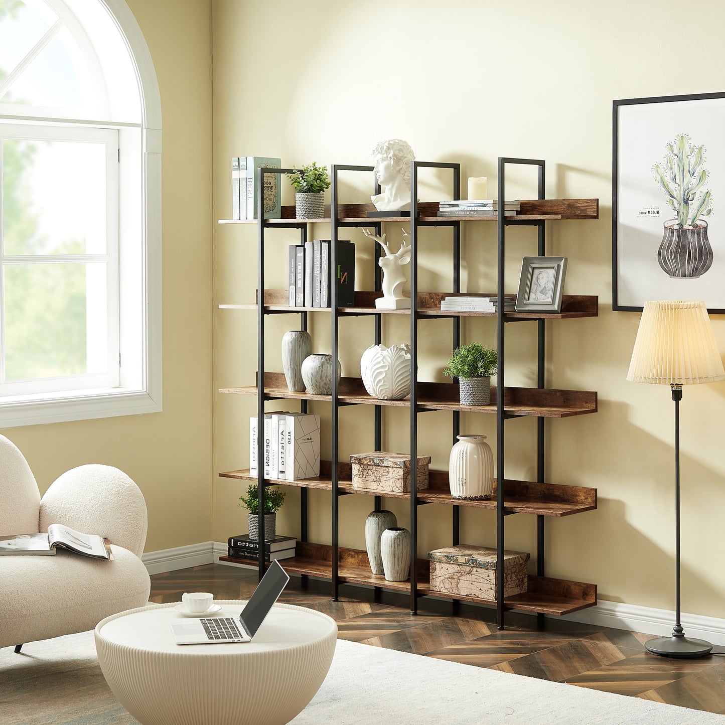 5 Tier Open Bookshelf Vintage Industrial Style Metal Frame MDF Board Home Office Storage Shelf