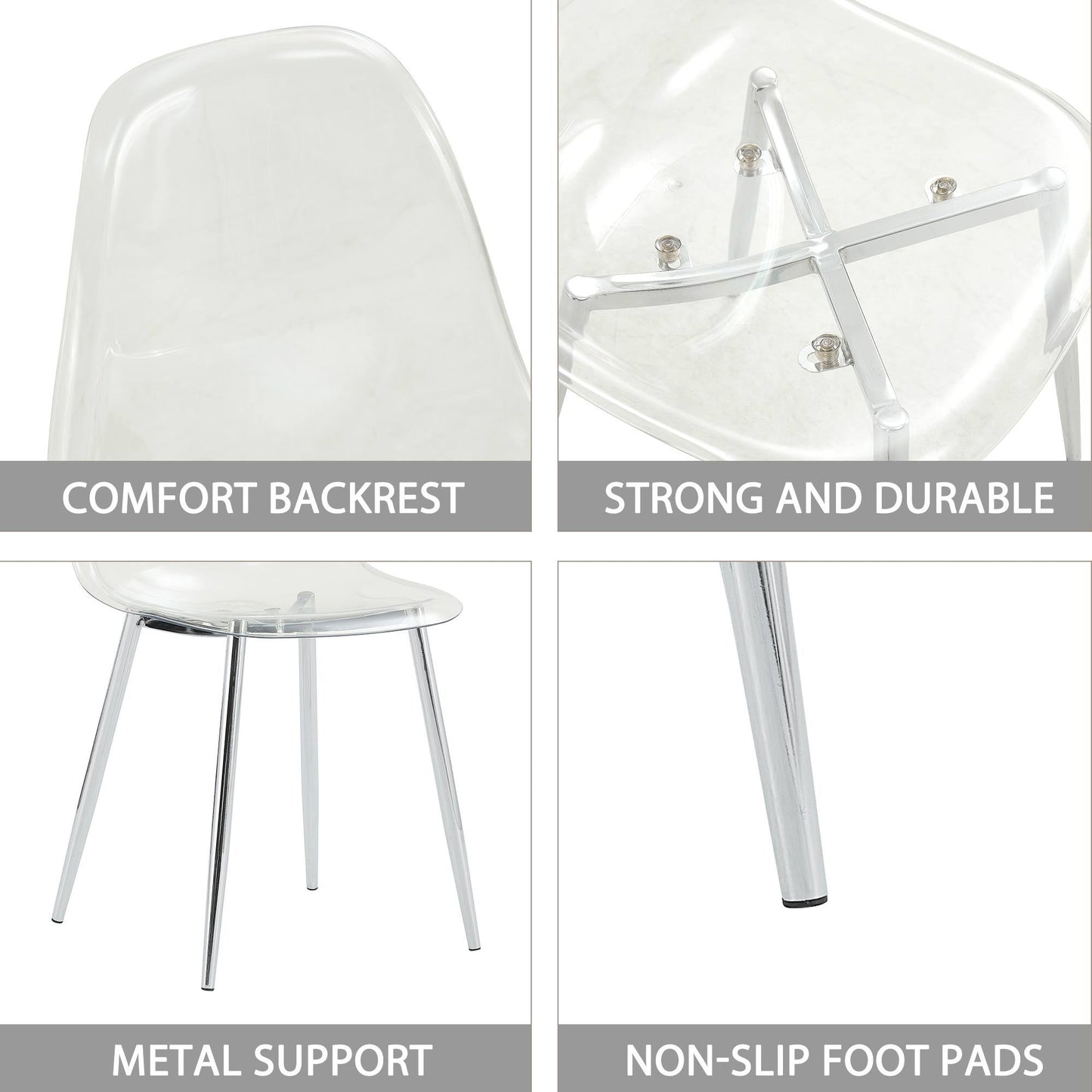 Modern Minimalist Transparent Dining Chair Set 6pcs Armless Nordic Makeup Stool with Silver Plated Metal Legs