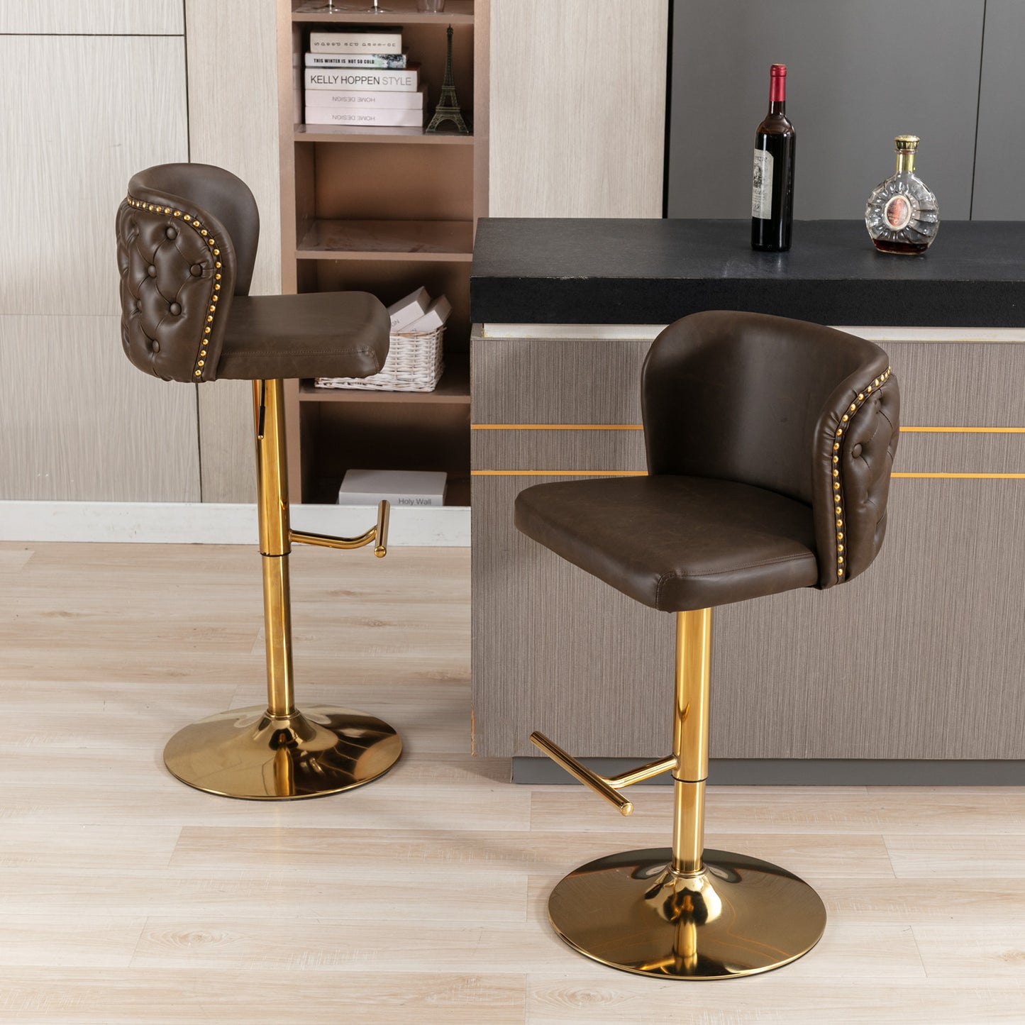 A&A Furniture,Swivel Barstools Adjusatble Seat Height, Modern PU Upholstered Bar Stools with the whole Back Tufted, for Home Pub and Kitchen Island(Brown, Set of 2)