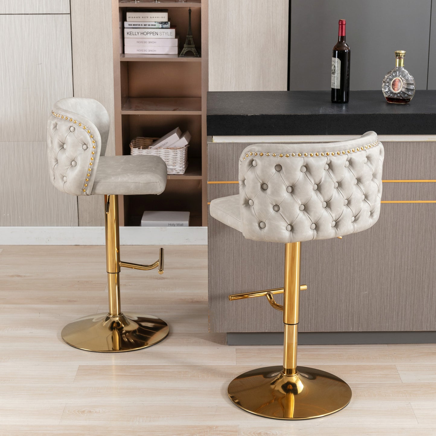Adjustable Height Swivel Bar Stools with Tufted Backrest Modern PU Upholstery for Kitchen Island and Home Pub Beige Set of 2