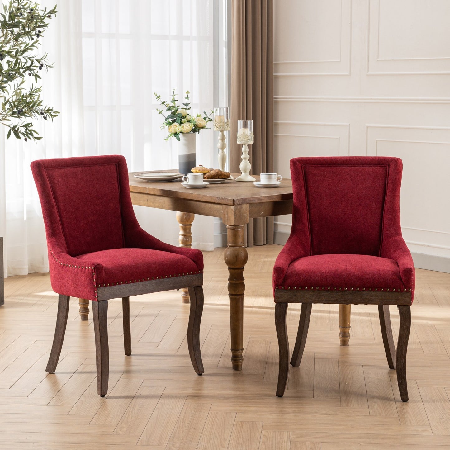 Ultra Side Dining Chair,Thickened fabric chairs with neutrally toned solid wood legs,Bronze nail head,Set of 2,Wine Red,Burgundy,SW1807WR