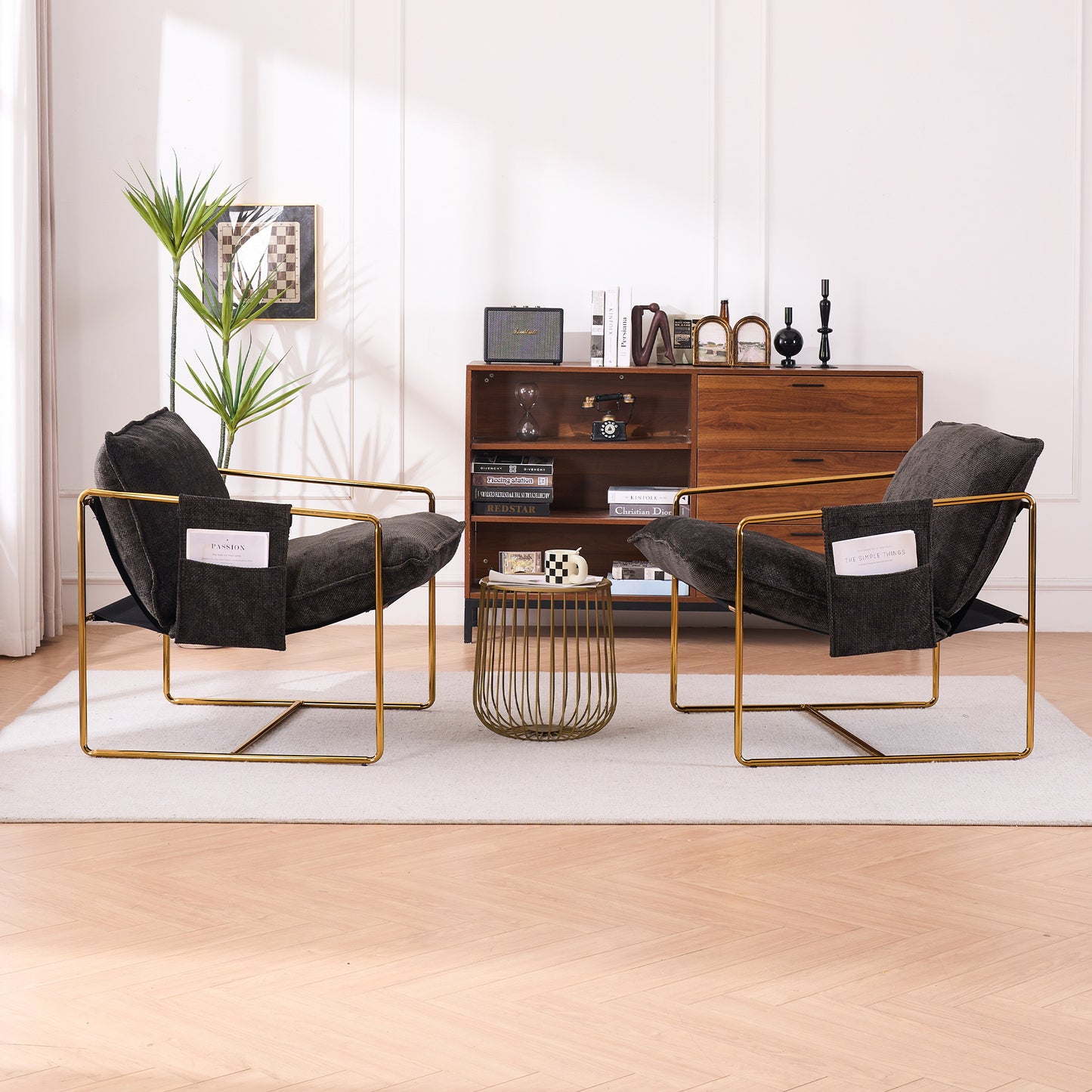 Dual Armchair Set in One Box Upholstered Hanging Chairs with Arm Pockets Metal Frame Dark Gray Crushed Foam Cushions for Living Room Bedroom