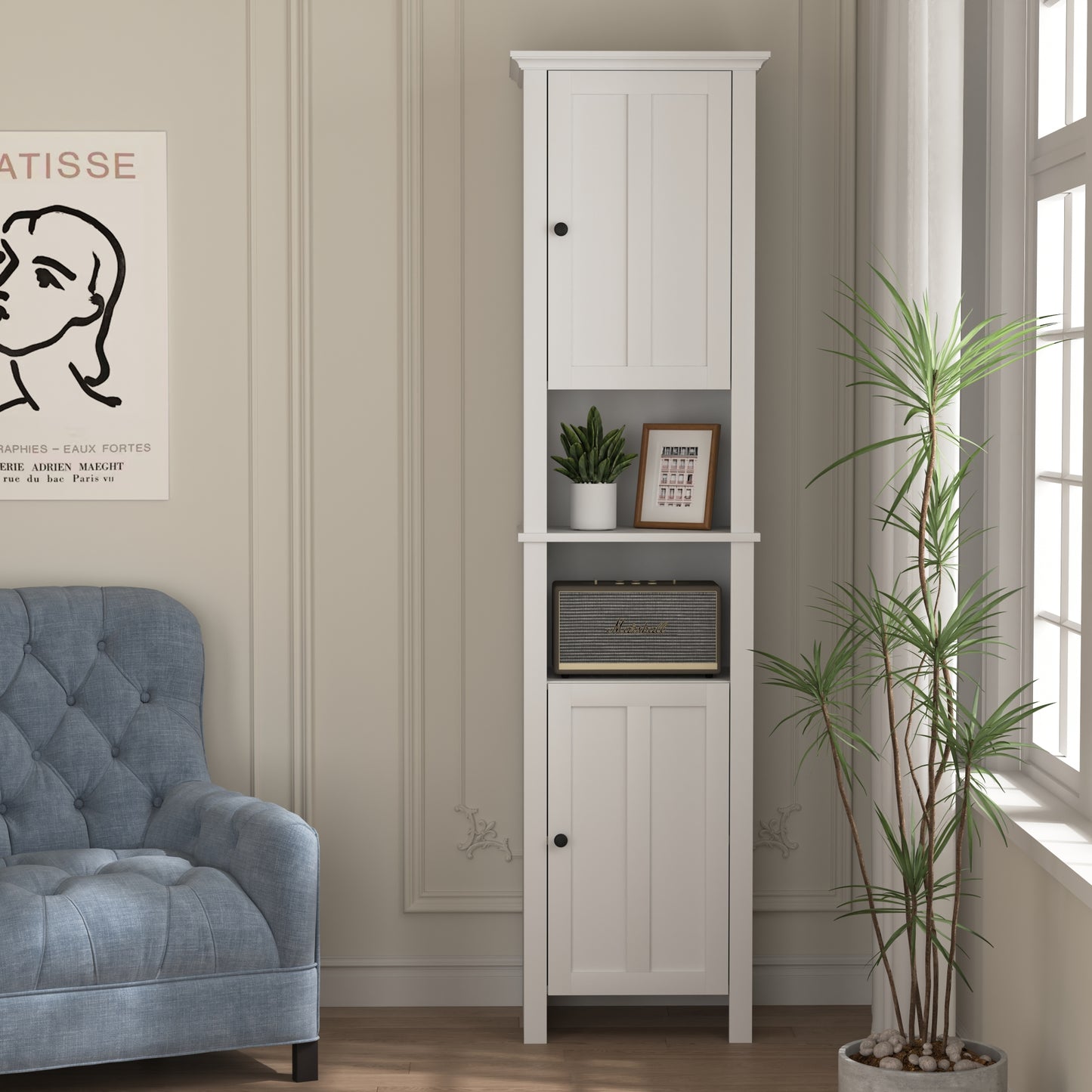 Bathroom Floor Storage Cabinet with 2 Doors, Wooden Living Room Cabinet with 6 Shelves, Space-Saving Organizer 15.75x11.81x66.93