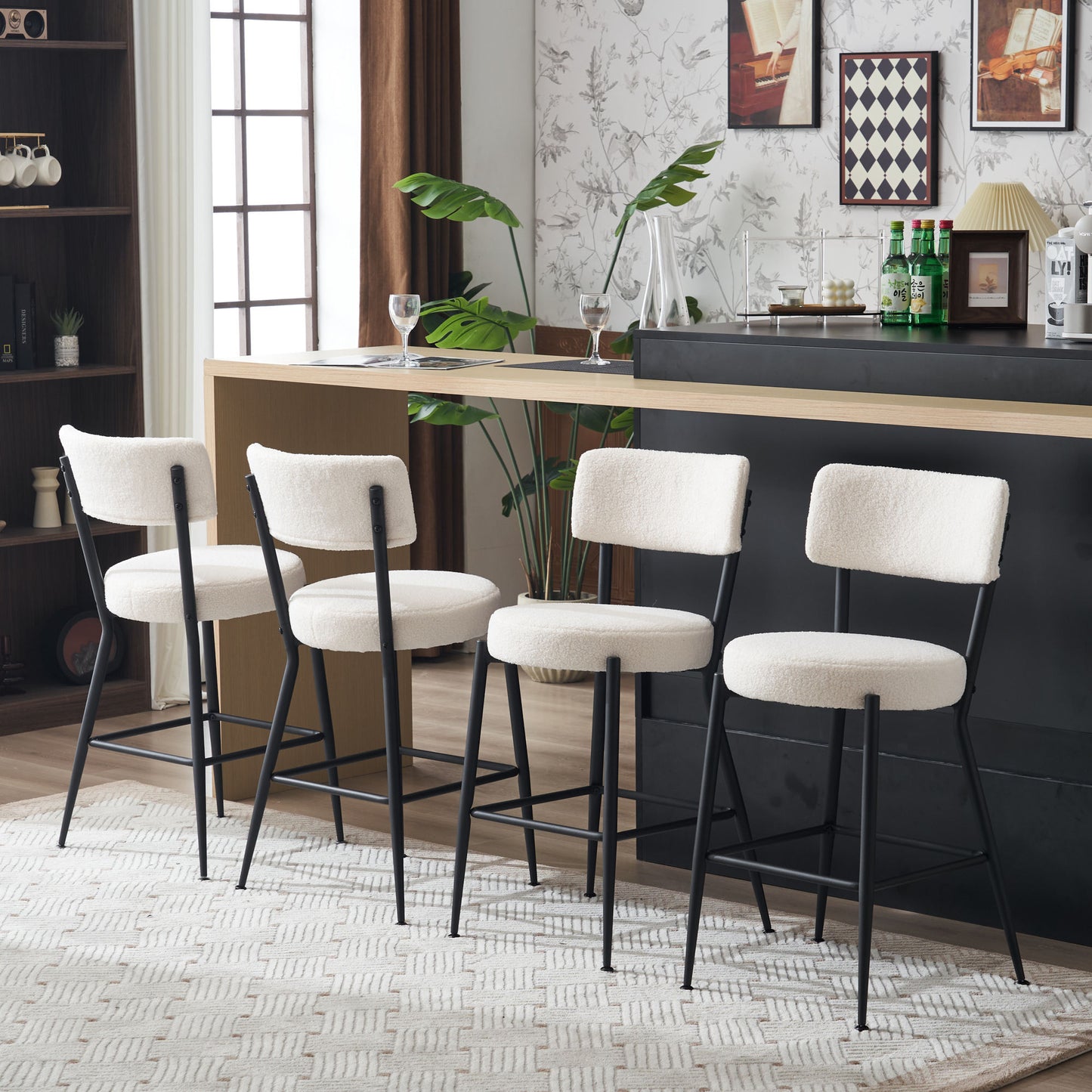 Beige Modern Teddy Fabric Bar Stools Set of 2 Stylish Metal Base High Seating for Kitchen Dining Living Room