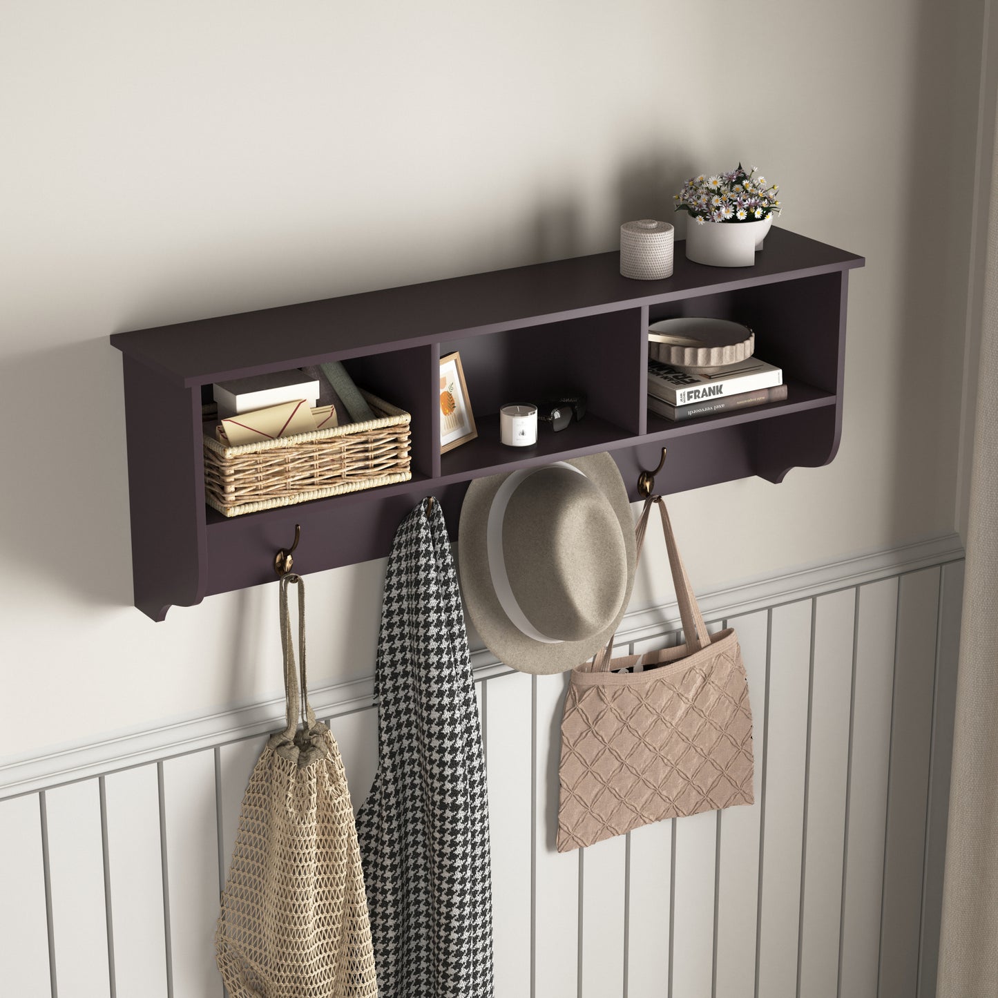 Espresso Wall Mounted Coat Rack with 4 Dual Hooks & Wooden Storage Shelf for Entryway & Living Room