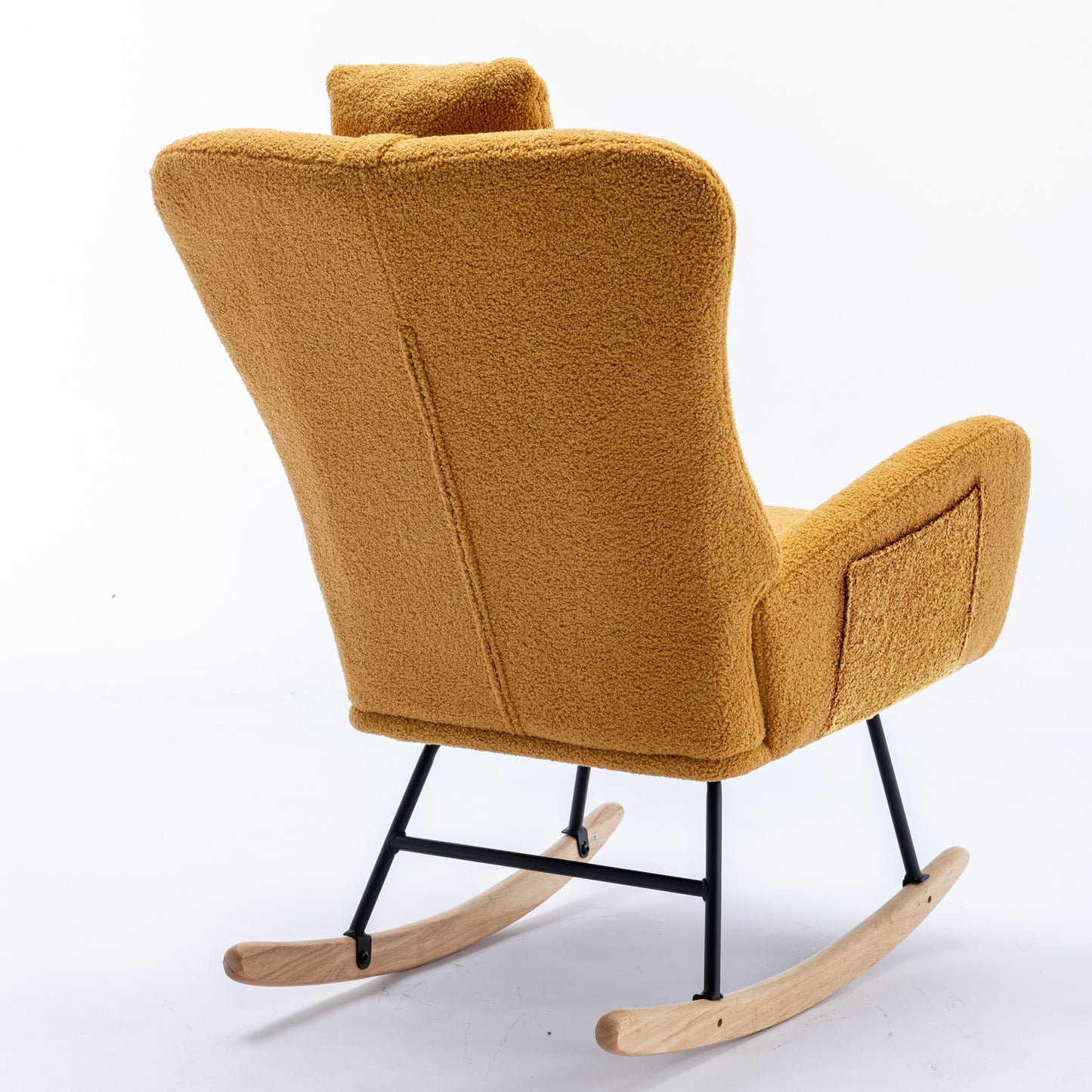 35.5 inch Rocking Chair with Pocket, Soft Teddy Fabric Rocking Chair for Nursery, Comfy Wingback Glider Rocker with Safe Solid Wood Base for Living Room Bedroom Balcony (TURMERIC)