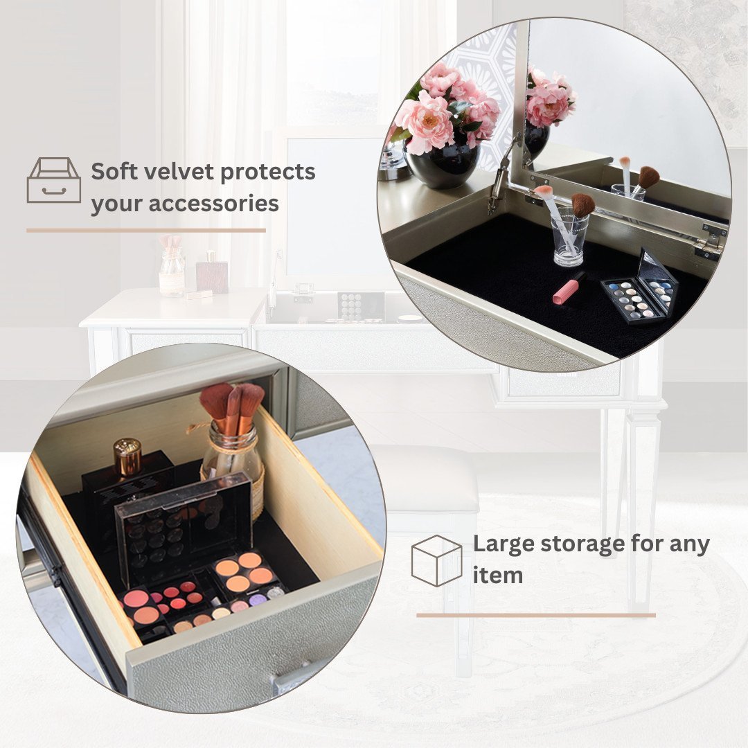 Mirrored Vanity Desk with Drawers and Stool, Flip Top Makeup Table Set for Bedroom, Stylish Dressing Table for Women and Girls