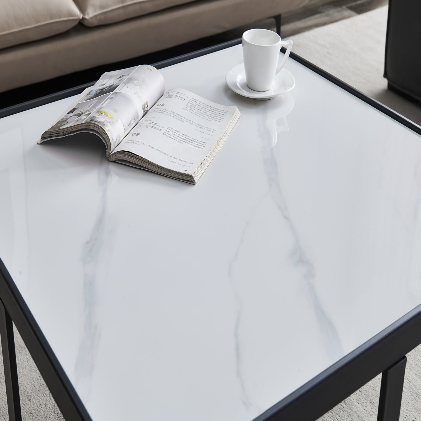 Minimalist Square Coffee Table Black Metal Frame Sintered Stone Top Modern Living Room Furniture