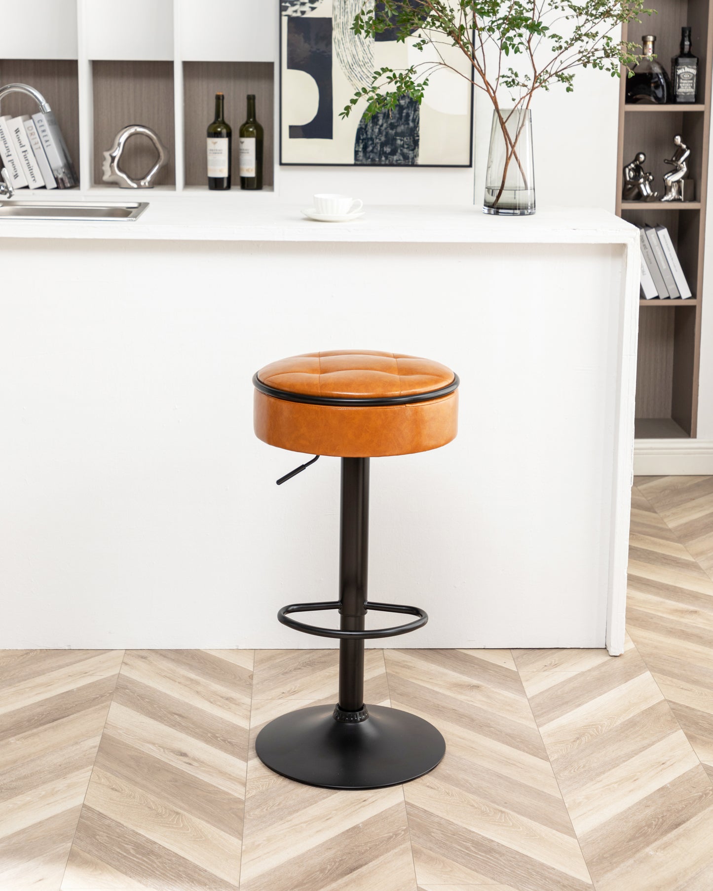 Adjustable Brown Faux Leather Bar Stool Set of 2 360° Swivel Armless Counter Height Chairs for Kitchen Dining Living Room