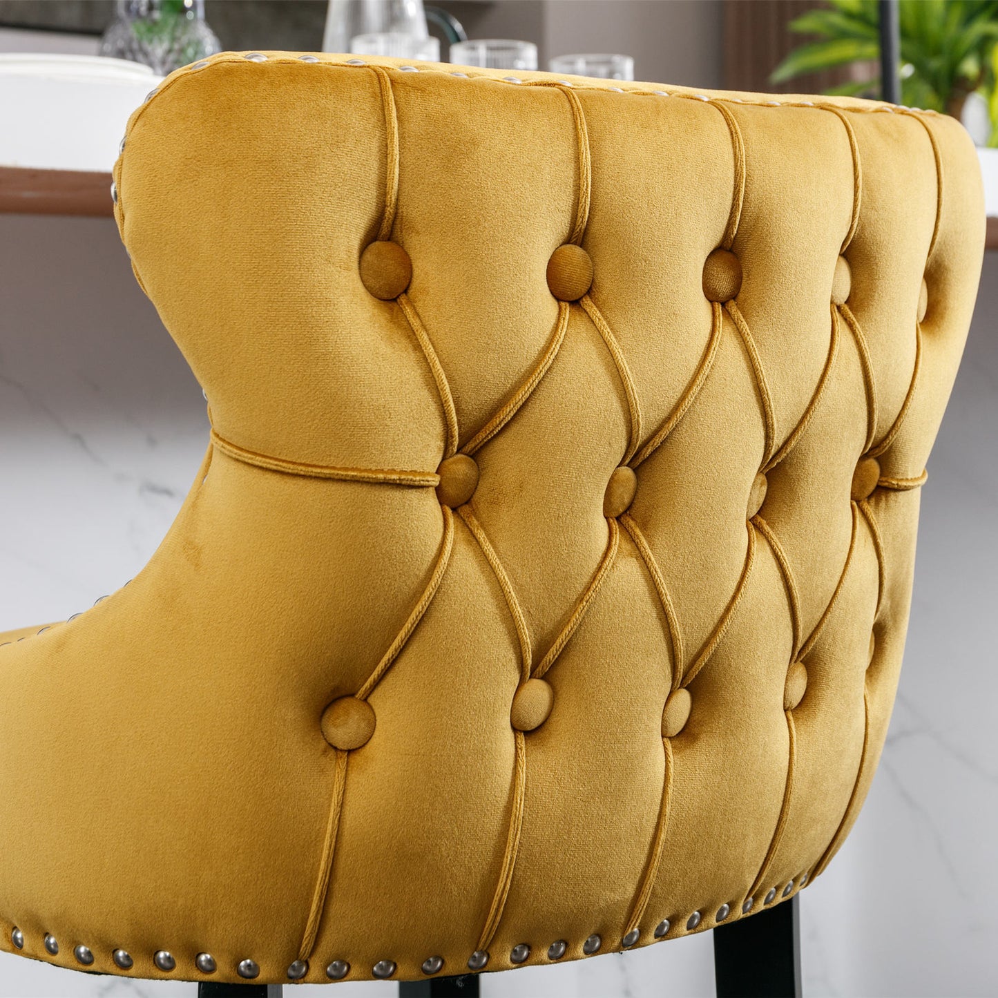 Gold Velvet Wing-Back Barstools with Button Tufting and Chrome Nailhead Trim Set of 2