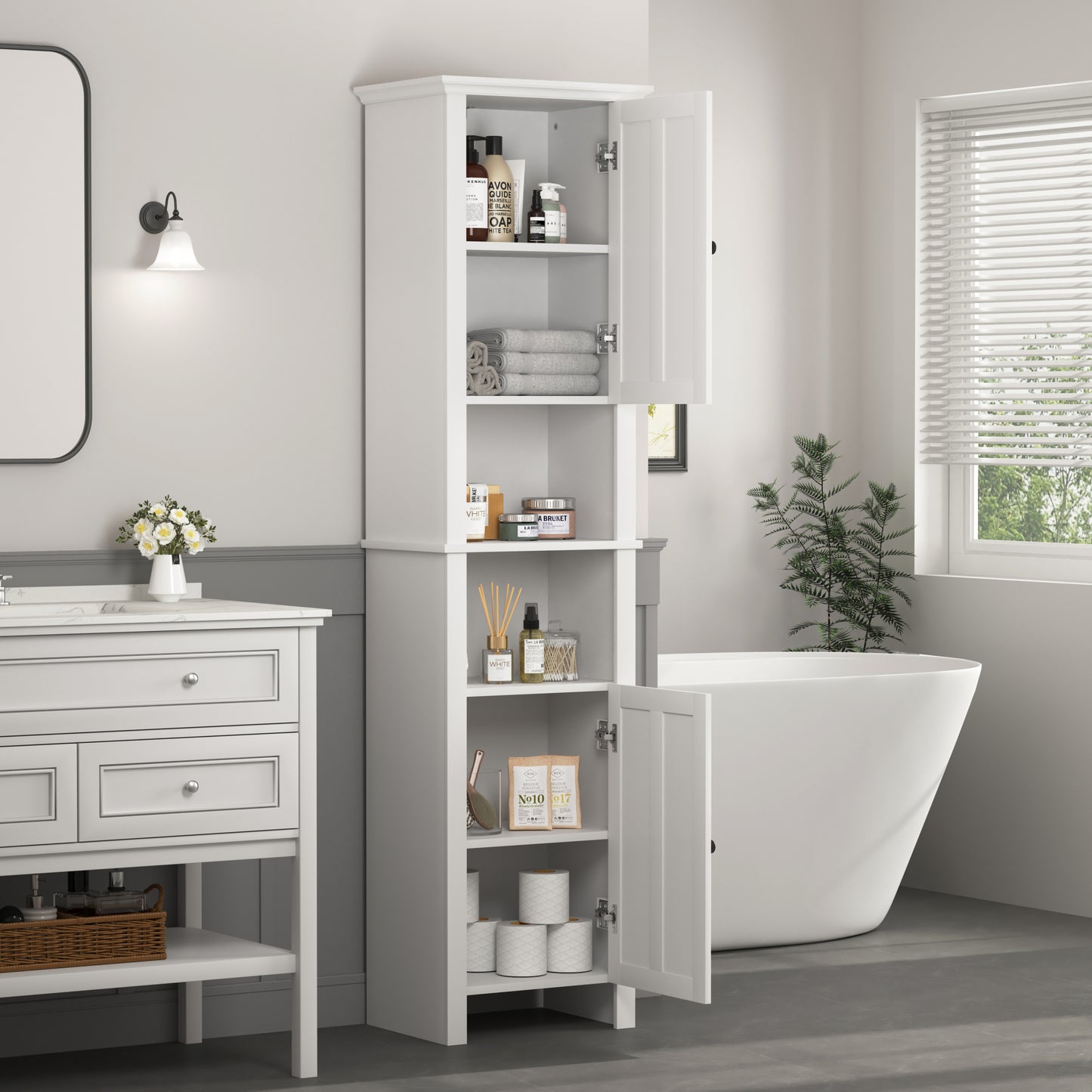 Bathroom Floor Storage Cabinet with 2 Doors, Wooden Living Room Cabinet with 6 Shelves, Space-Saving Organizer 15.75x11.81x66.93