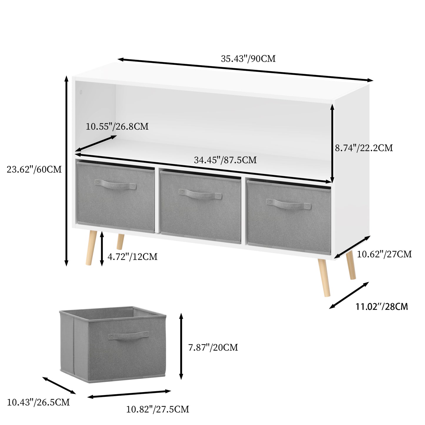 Kids Bookcase with Collapsible Fabric Drawers - Children's Book Display & Toy Storage Organizer, White/Gray, Stylish