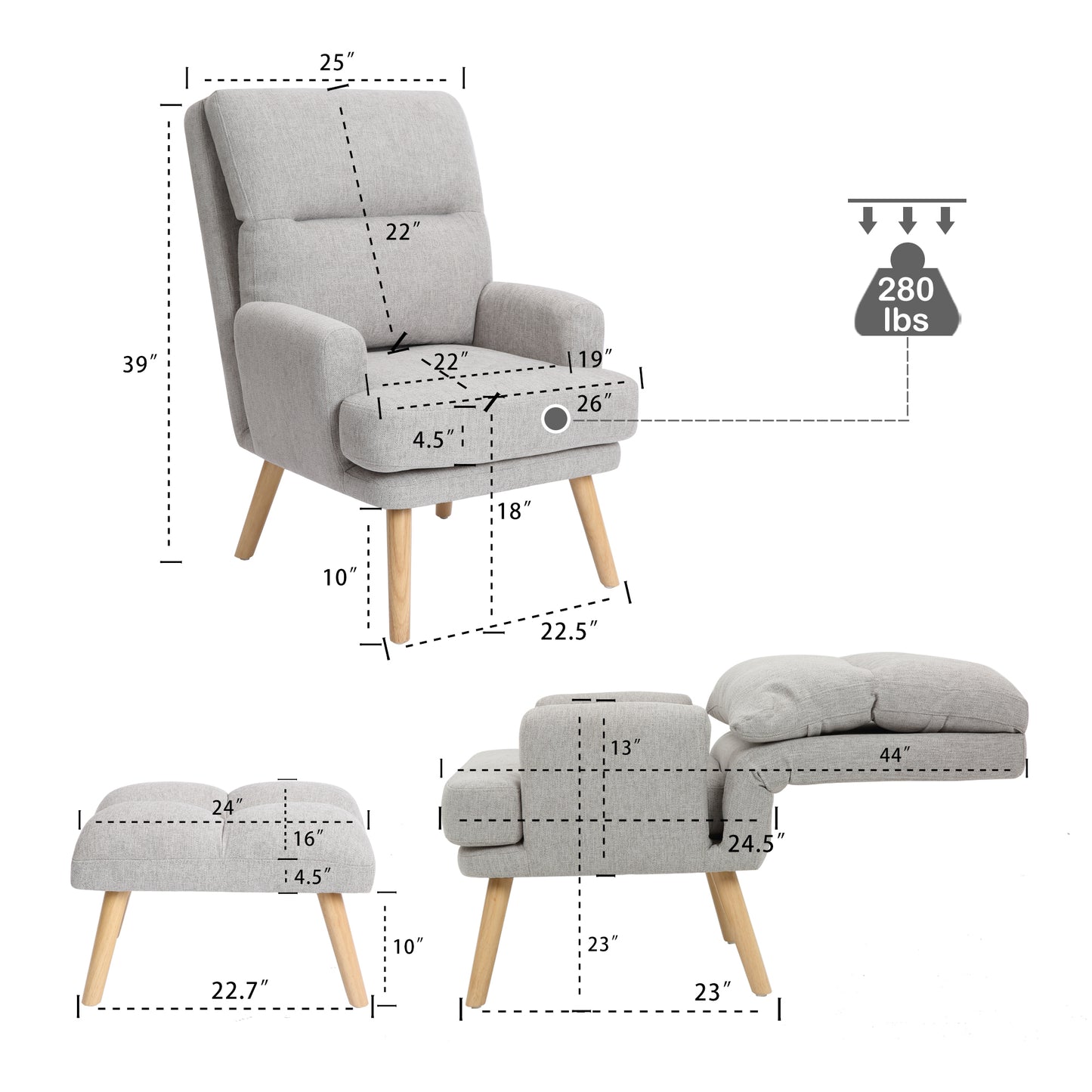 Mid Century Modern Accent Chair and Ottoman Set with Adjustable Backrest for Living Room Bedroom and Study