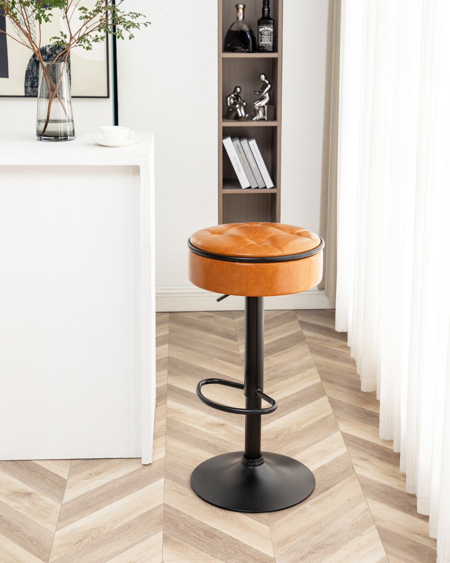 Adjustable Brown Faux Leather Bar Stool Set of 2 360° Swivel Armless Counter Height Chairs for Kitchen Dining Living Room