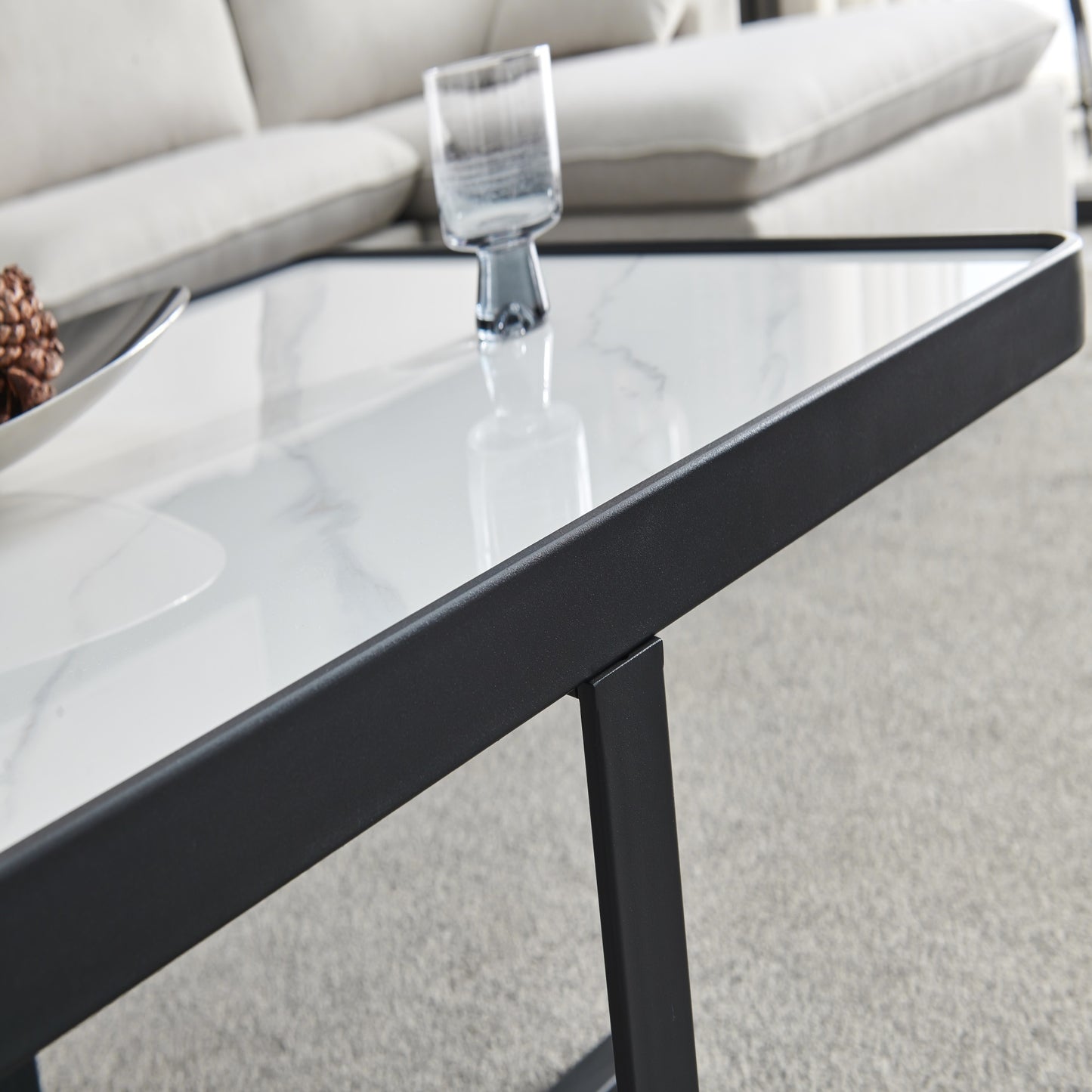Minimalist Square Coffee Table Black Metal Frame Sintered Stone Top Modern Living Room Furniture