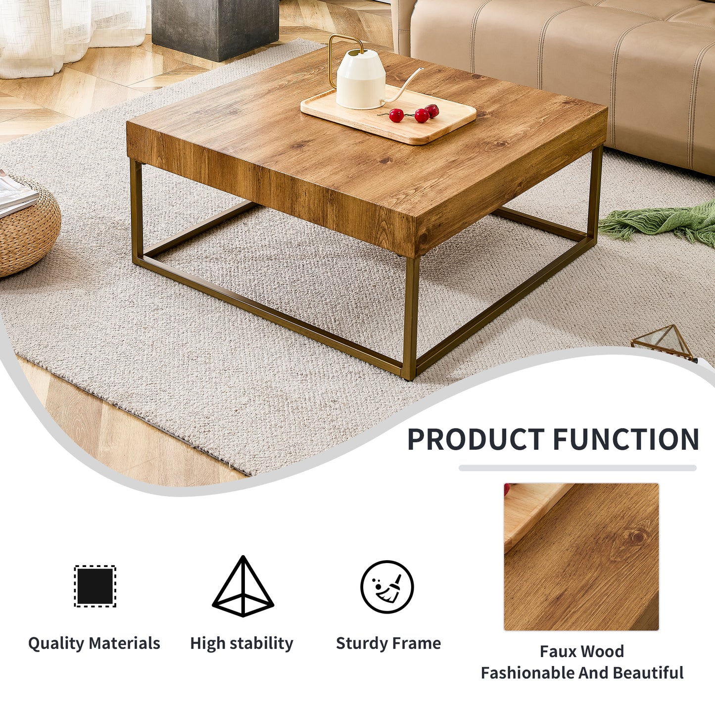 Modern Rectangular Coffee Table Dining Table MDF Top Metal Legs 31.5 Inch Suitable for Restaurants Living Rooms