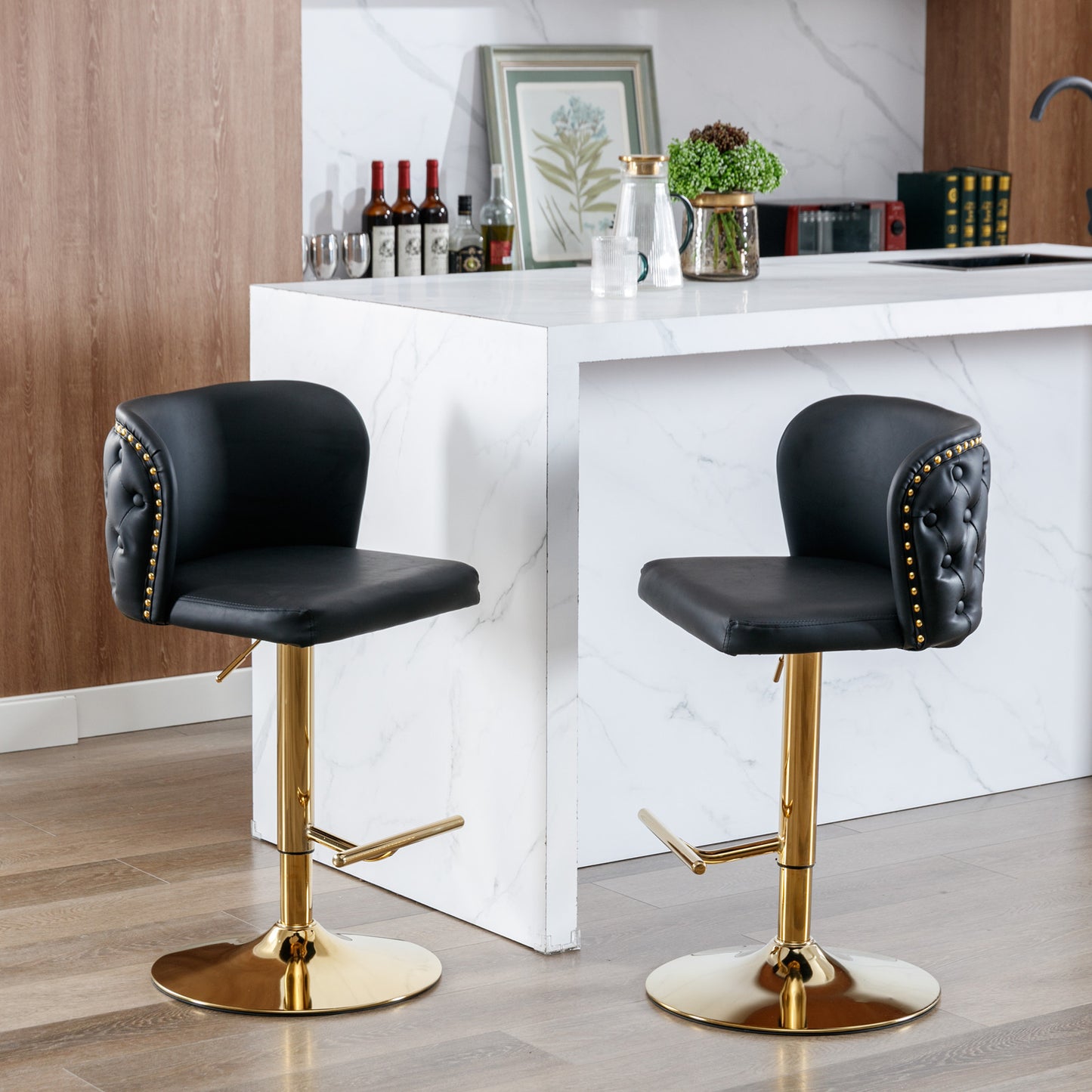 A&A Furniture,Swivel Barstools Adjusatble Seat Height, Modern PU Upholstered Bar Stools with the whole Back Tufted, for Home Pub and Kitchen Island(Black, Set of 2)