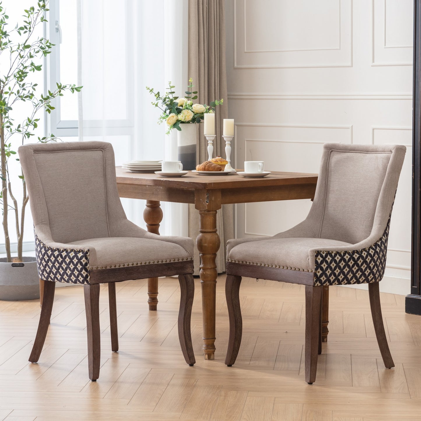 Ultra Side Dining Chairs Set of 2 Beige Thick Fabric with Solid Wood Legs and Bronze Nail Head