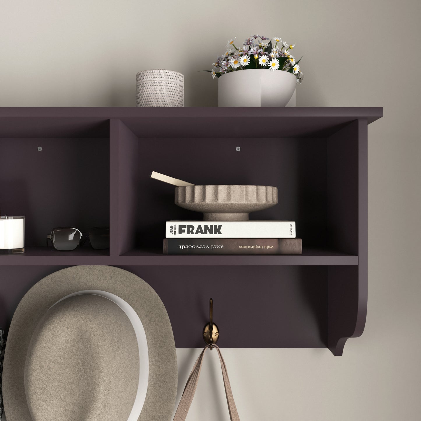Espresso Wall Mounted Coat Rack with 4 Dual Hooks & Wooden Storage Shelf for Entryway & Living Room