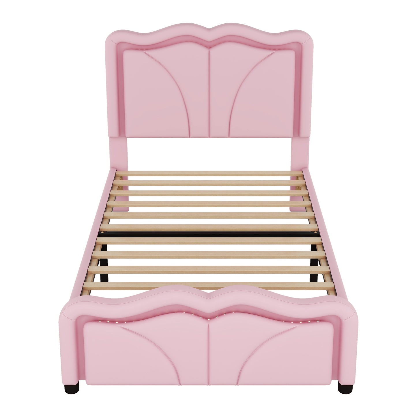 Twin Size Upholstered Platform Bed with Curve Shaped and Height-adjustbale Headboard,LED Light Strips,Pink