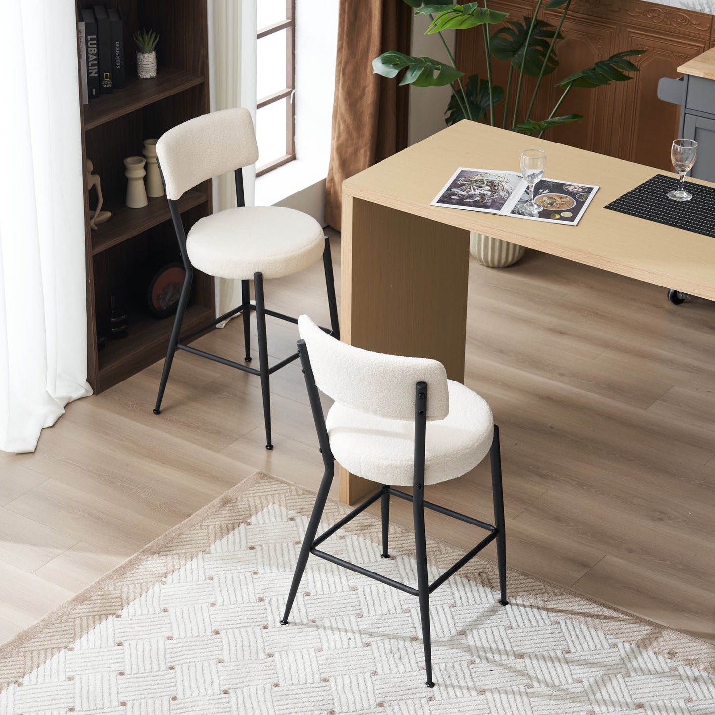 Beige Modern Teddy Fabric Bar Stools Set of 2 Stylish Metal Base High Seating for Kitchen Dining Living Room