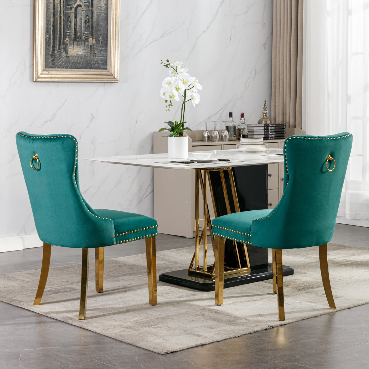 Modern Velvet Upholstered Dining Chairs Set of 2 with Gold Stainless Steel Legs and Nailhead Trim Black and Gold