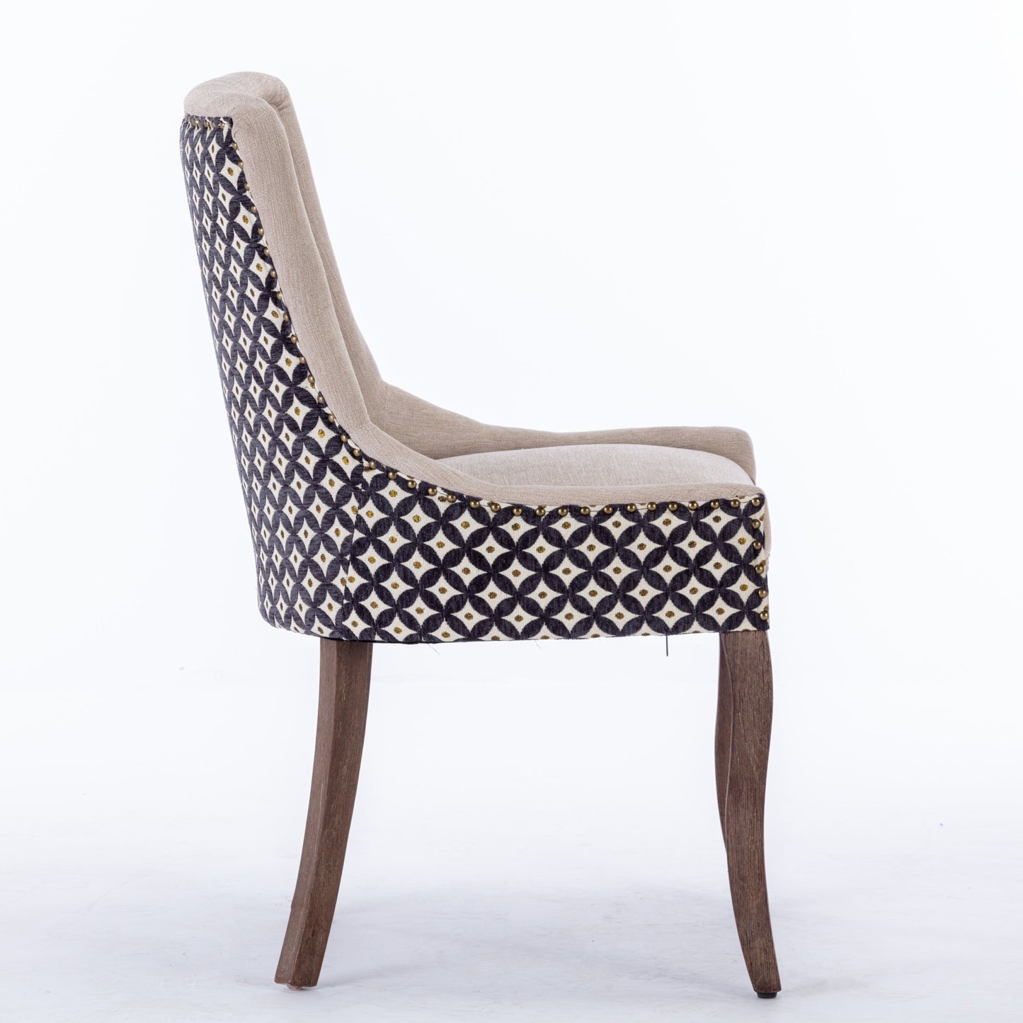 Ultra Side Dining Chairs Set of 2 Beige Thick Fabric with Solid Wood Legs and Bronze Nail Head