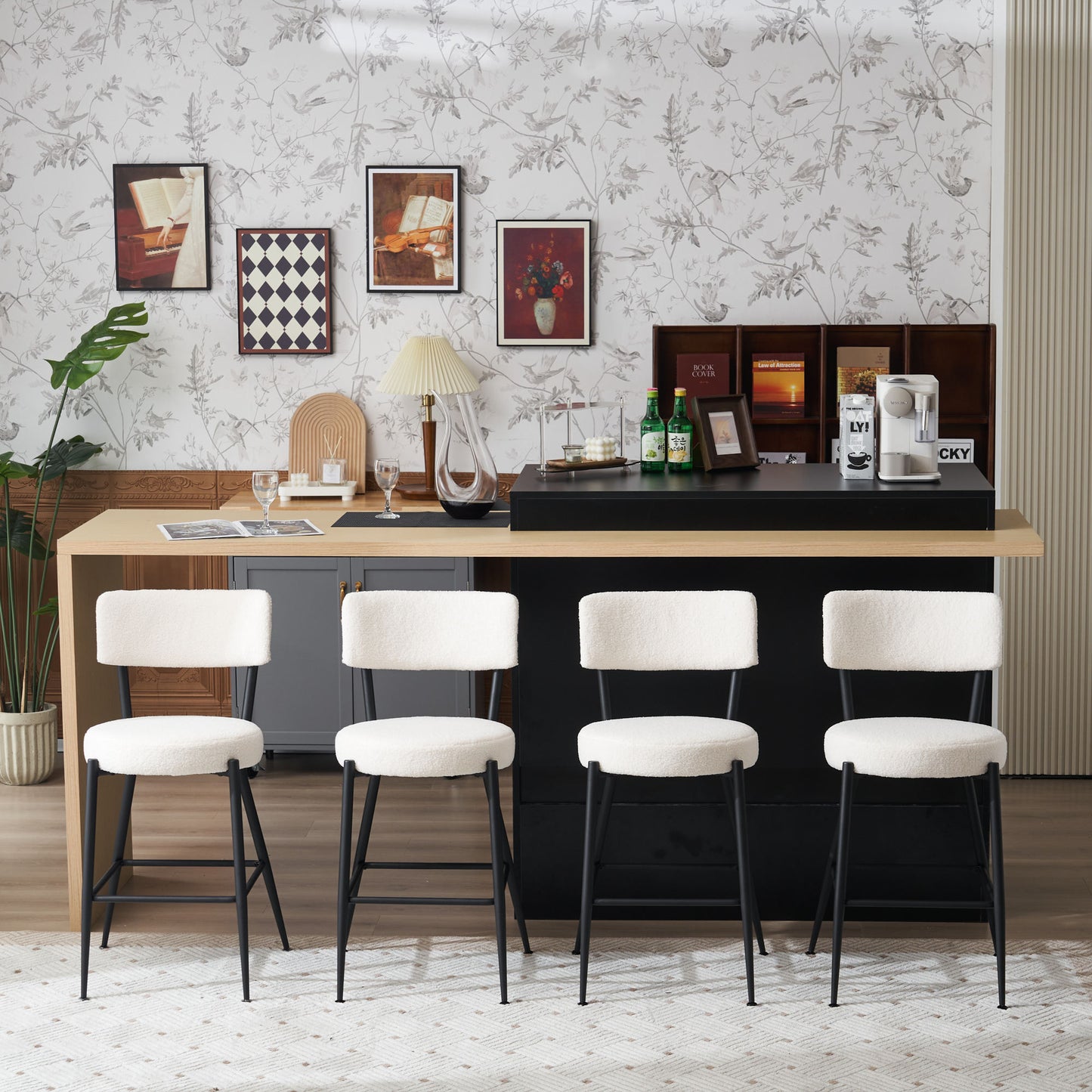 Beige Modern Teddy Fabric Bar Stools Set of 2 Stylish Metal Base High Seating for Kitchen Dining Living Room