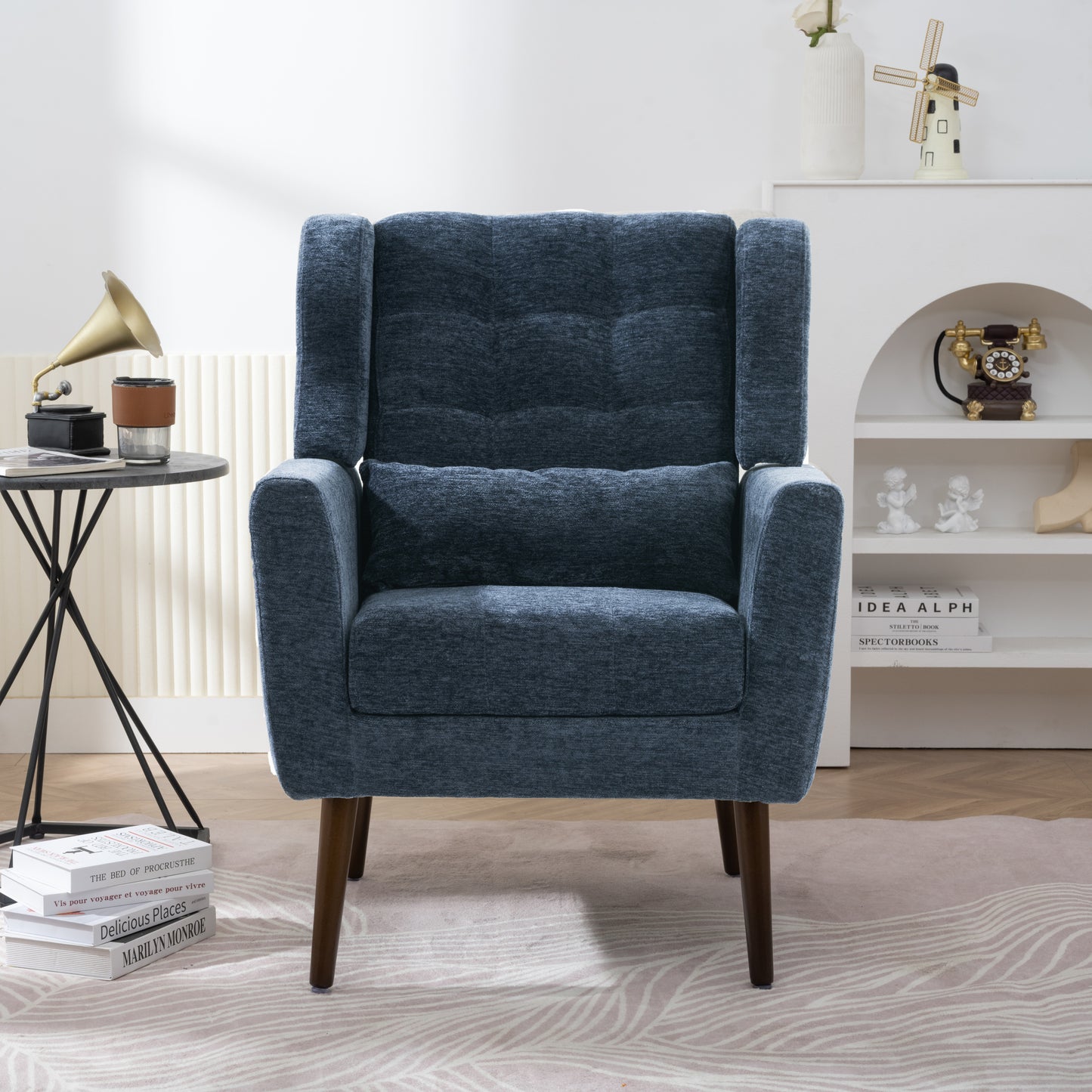 Dark Blue Chenille Accent Chair for Small Spaces Upholstered Modern Armchair with Pillow and Solid Wood Legs
