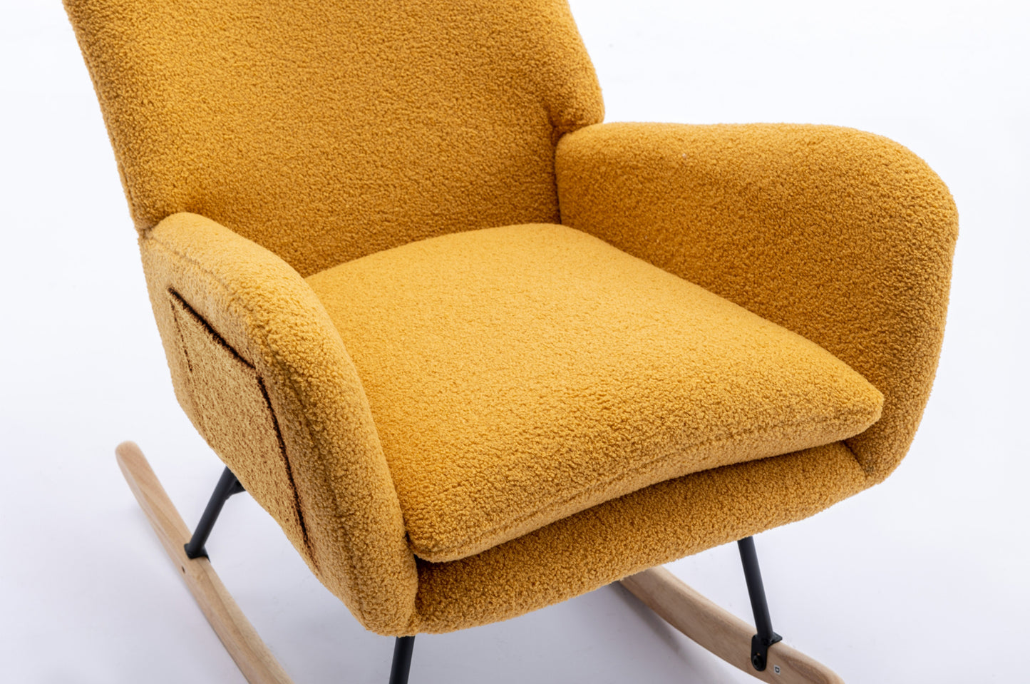 35.5 inch Rocking Chair with Pocket, Soft Teddy Fabric Rocking Chair for Nursery, Comfy Wingback Glider Rocker with Safe Solid Wood Base for Living Room Bedroom Balcony (TURMERIC)