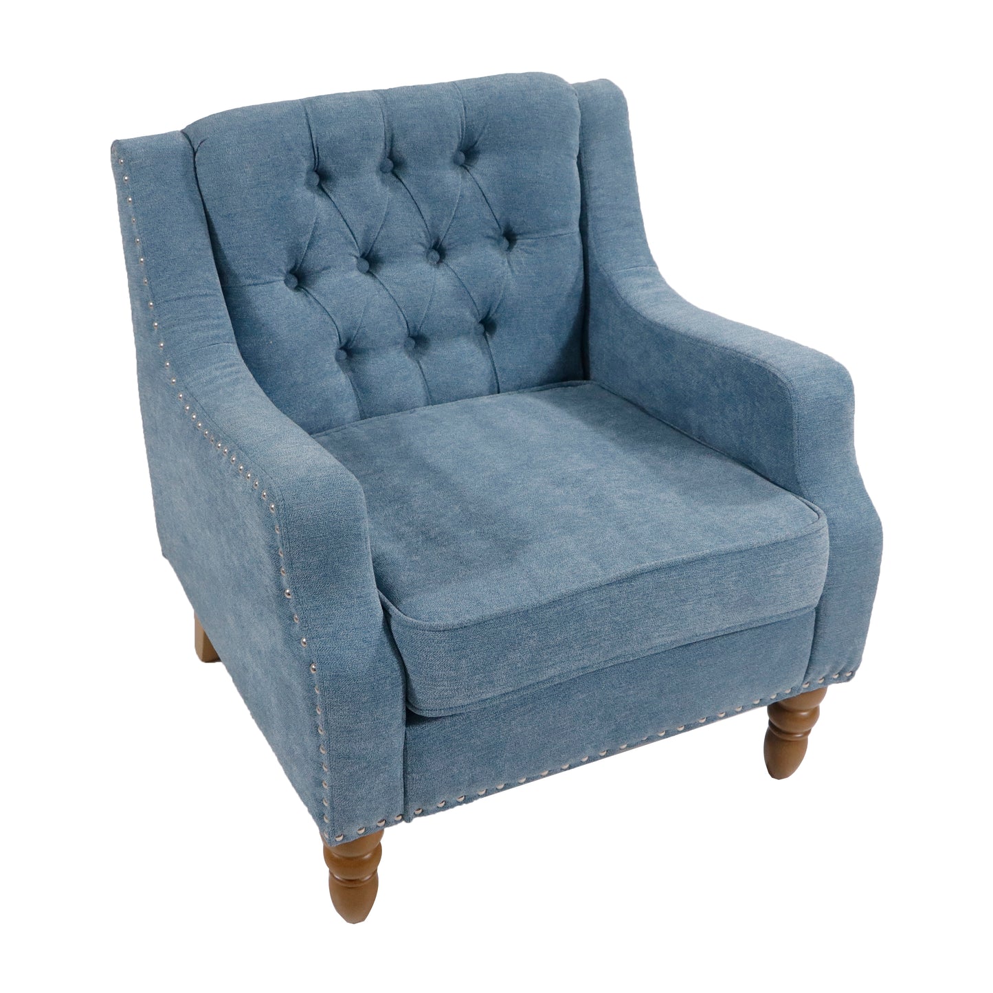 Blue Accent Chair, Living Room Chair, Footrest Chair Set with Vintage Brass Studs, Button Tufted Upholstered Armchair for Living Room, Comfy Reading Chair for Bedroom, Reception Room