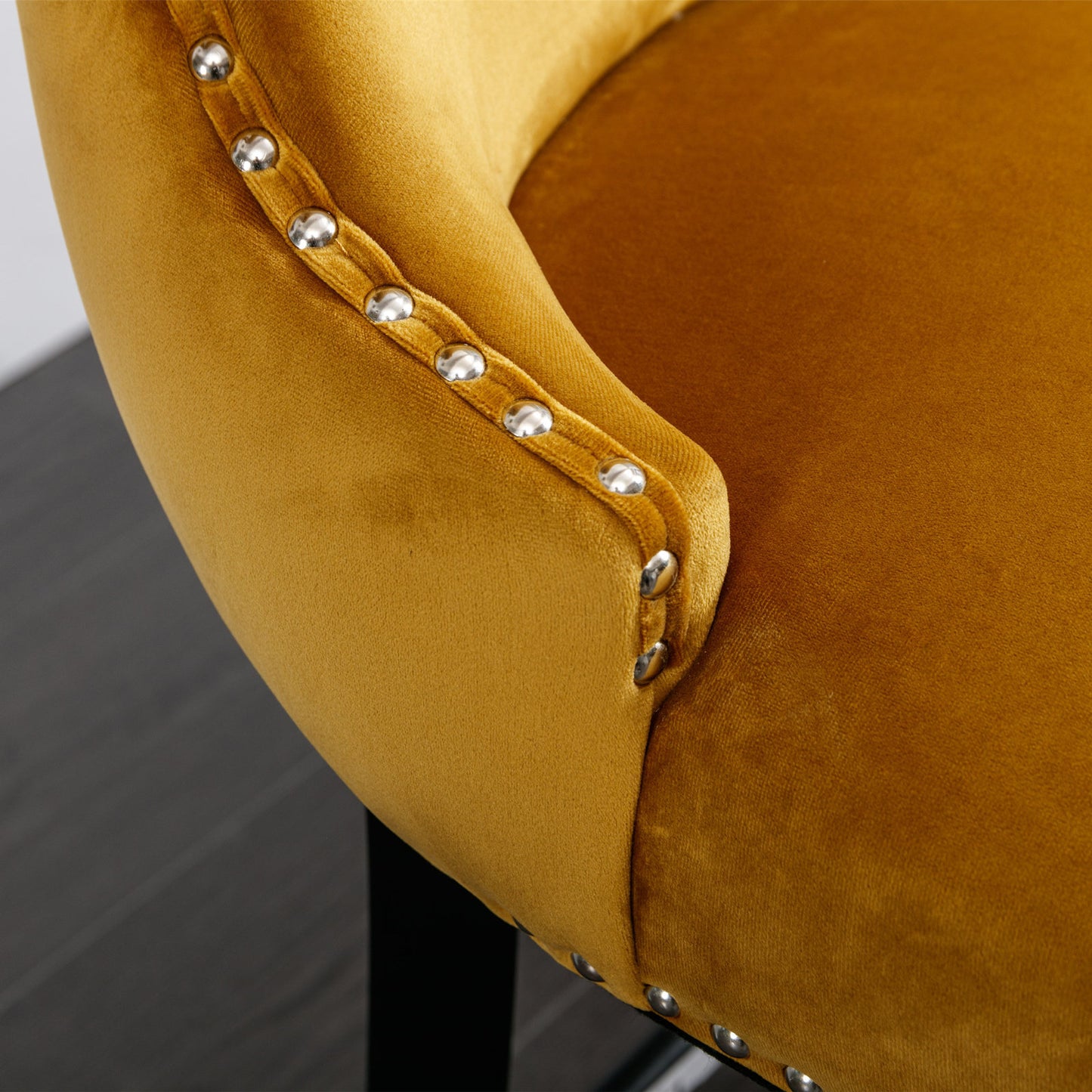Gold Velvet Wing-Back Barstools with Button Tufting and Chrome Nailhead Trim Set of 2