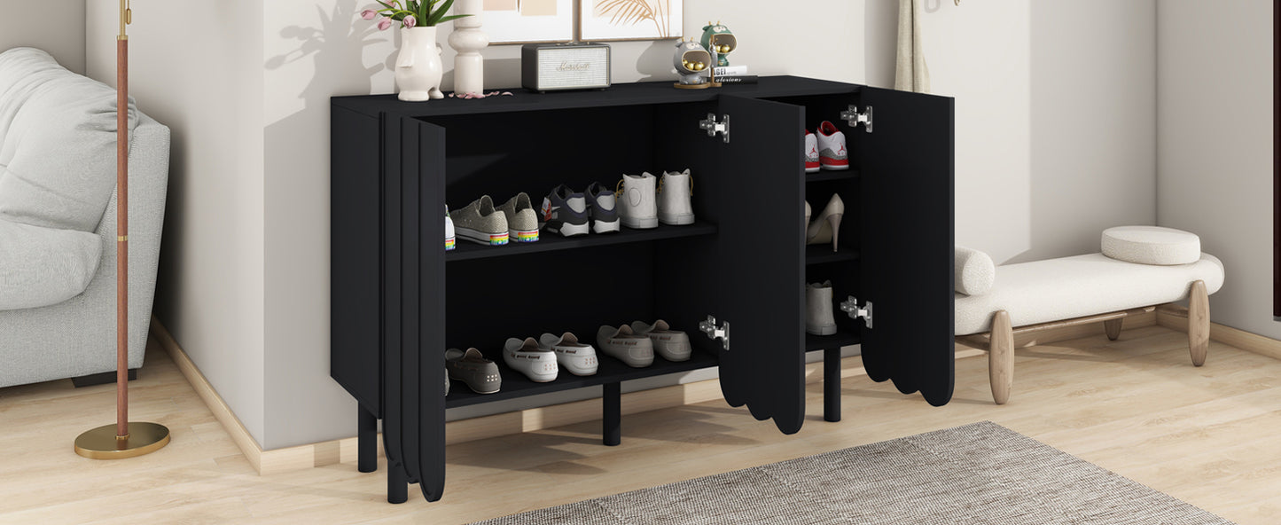 Cream Minimalist Shoe Cabinet with 5 Solid Wood Legs Adjustable Shelves Wave Door Design for Living Room Storage Black