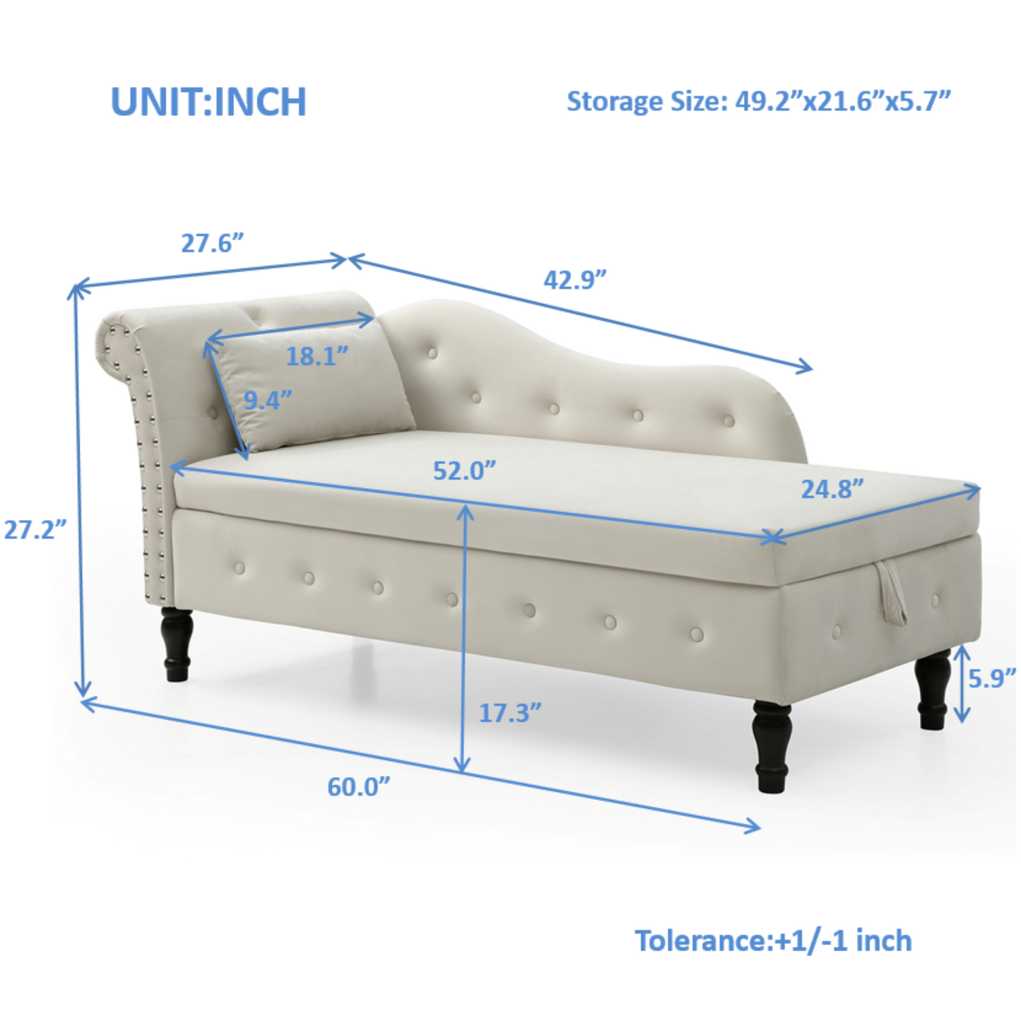 60 Velvet Multifunctional Storage Chaise Lounge, Buttons Tufted, Nailhead Trim, Solid Wood Legs, 1 Pillow, Beige