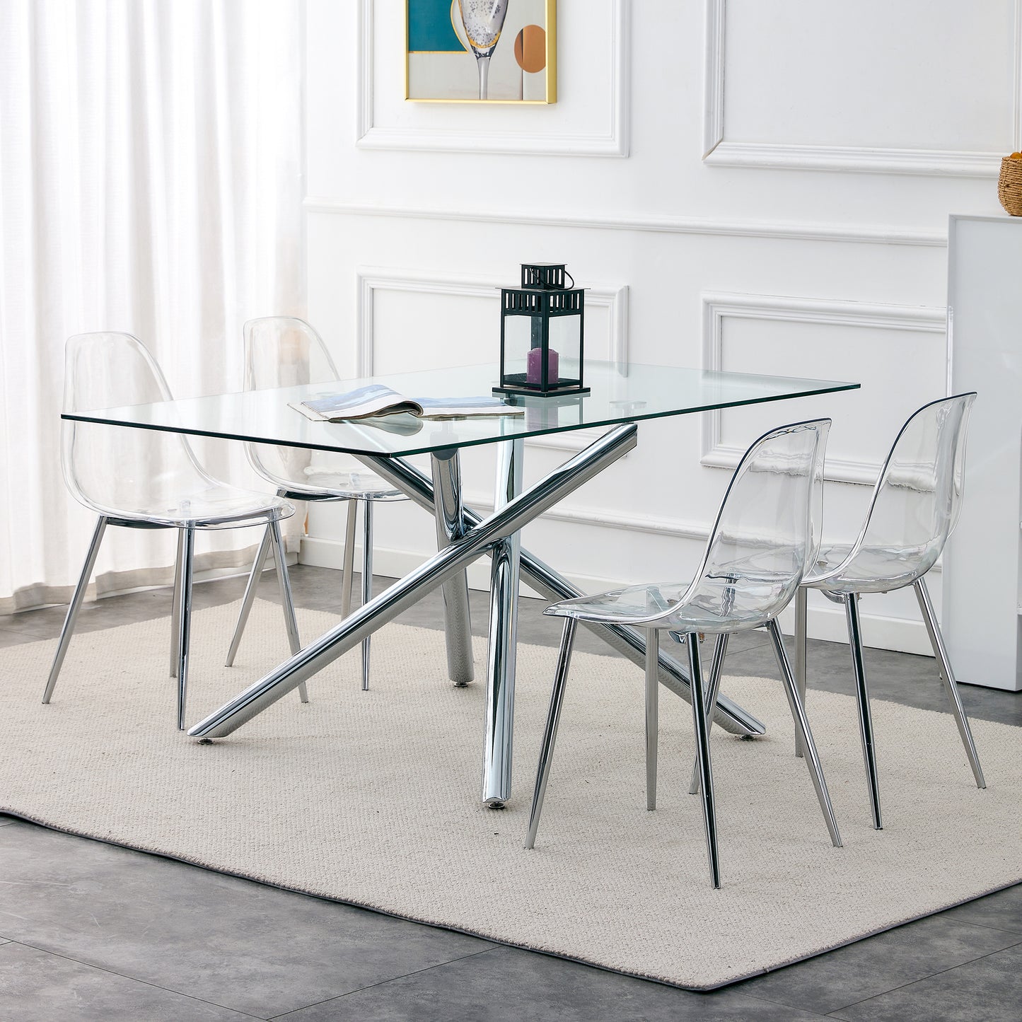 Modern Minimalist Transparent Dining Chair Set 6pcs Armless Nordic Makeup Stool with Silver Plated Metal Legs