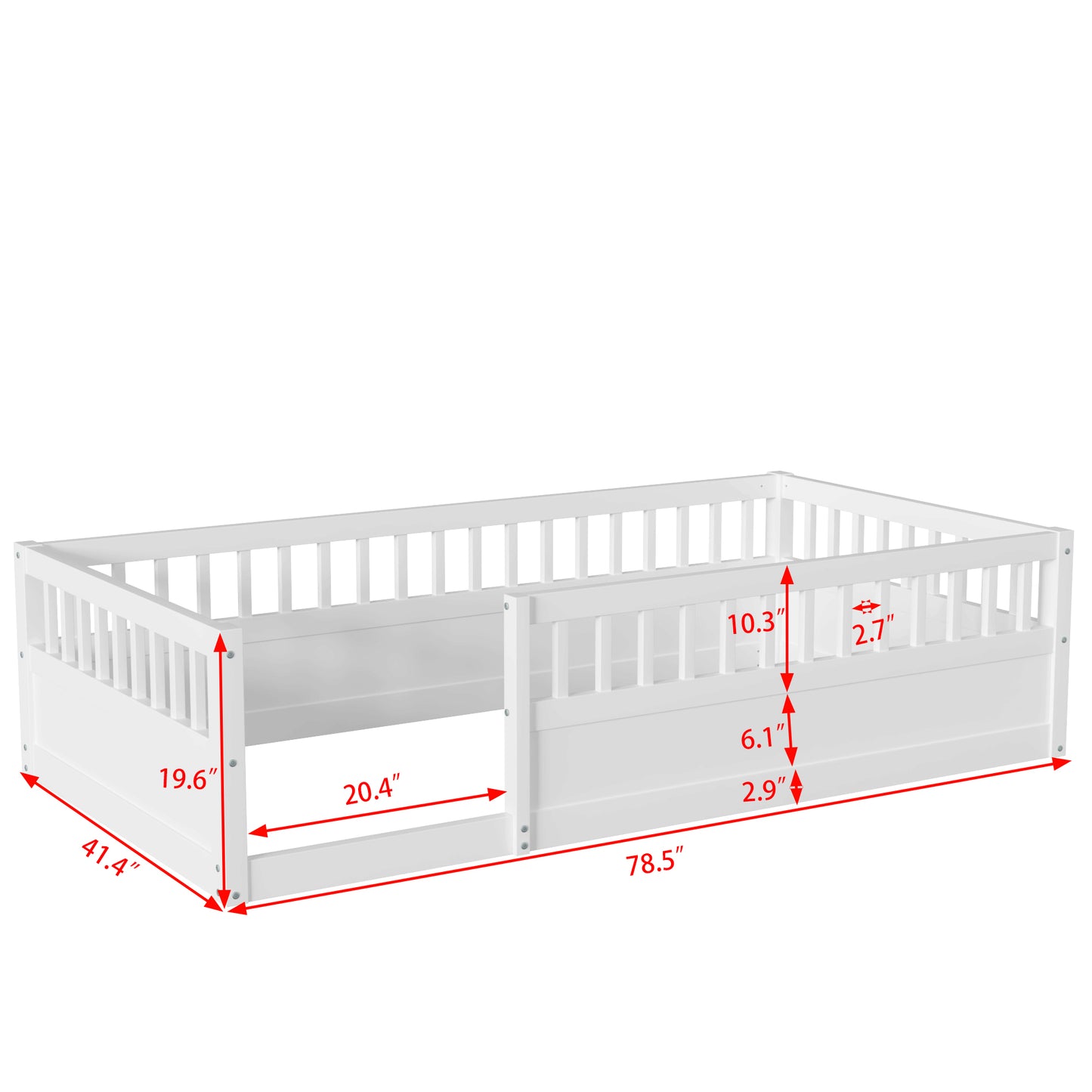 Twin Floor Bed Frame with Fence, Wood Kids Floor Beds Frame for Bedroom Playroom,White