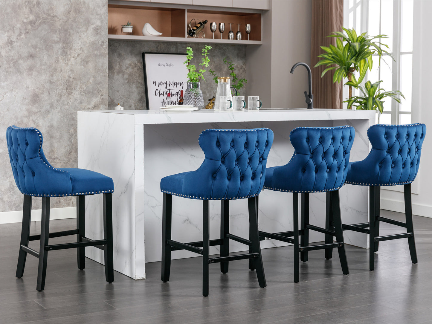 Contemporary Blue Velvet Wing-Back Barstools with Tufted Design and Wooden Legs Set of 2